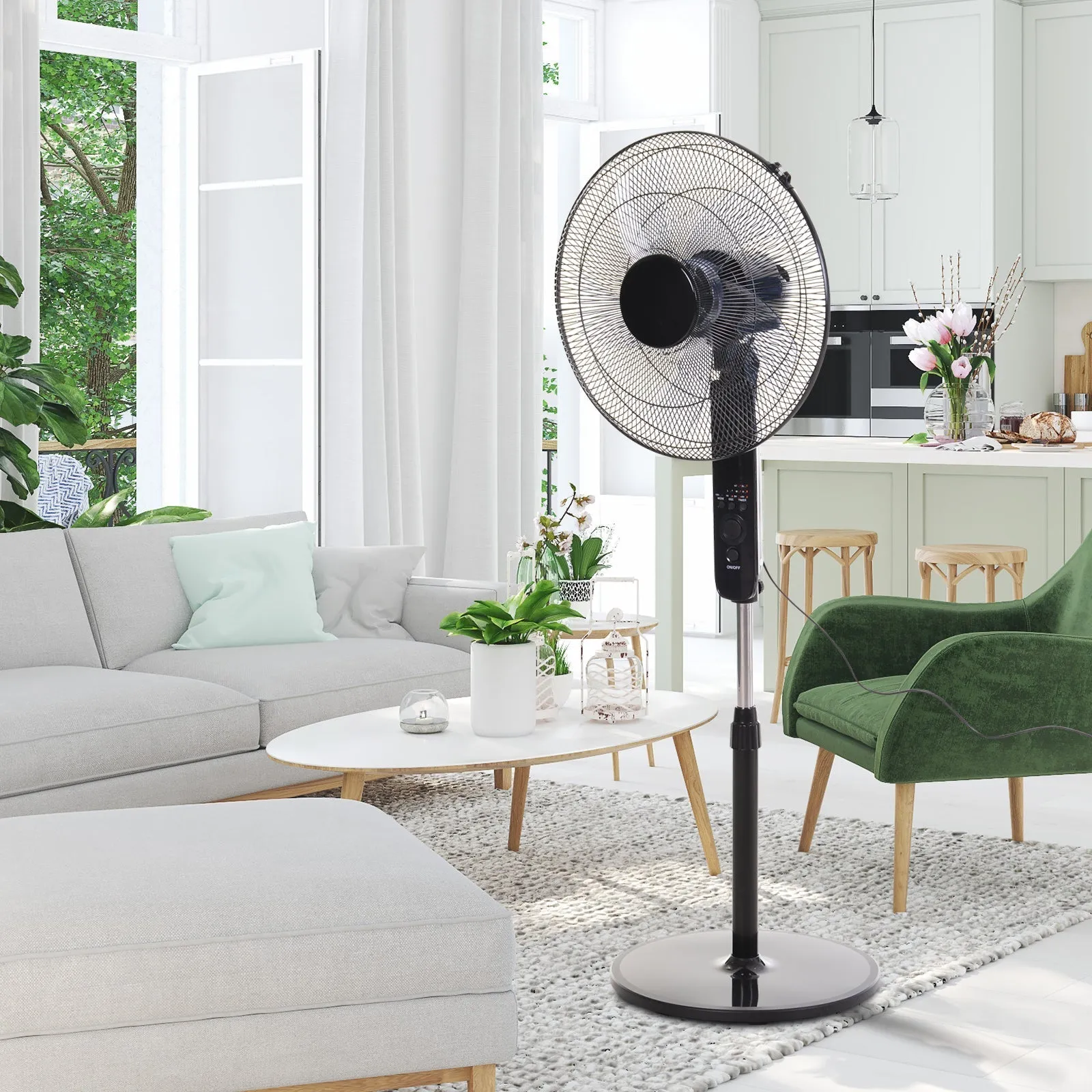 17" Oscillating Three Speed Adjustable Height Pedestal Fan With Remote Black by Homcom