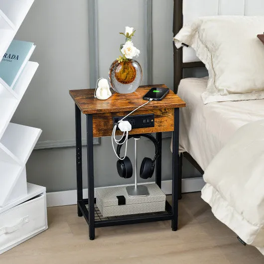 2 Pieces Bedside Nightstand Set with Open Shelf and Charging Station-Rustic Brown