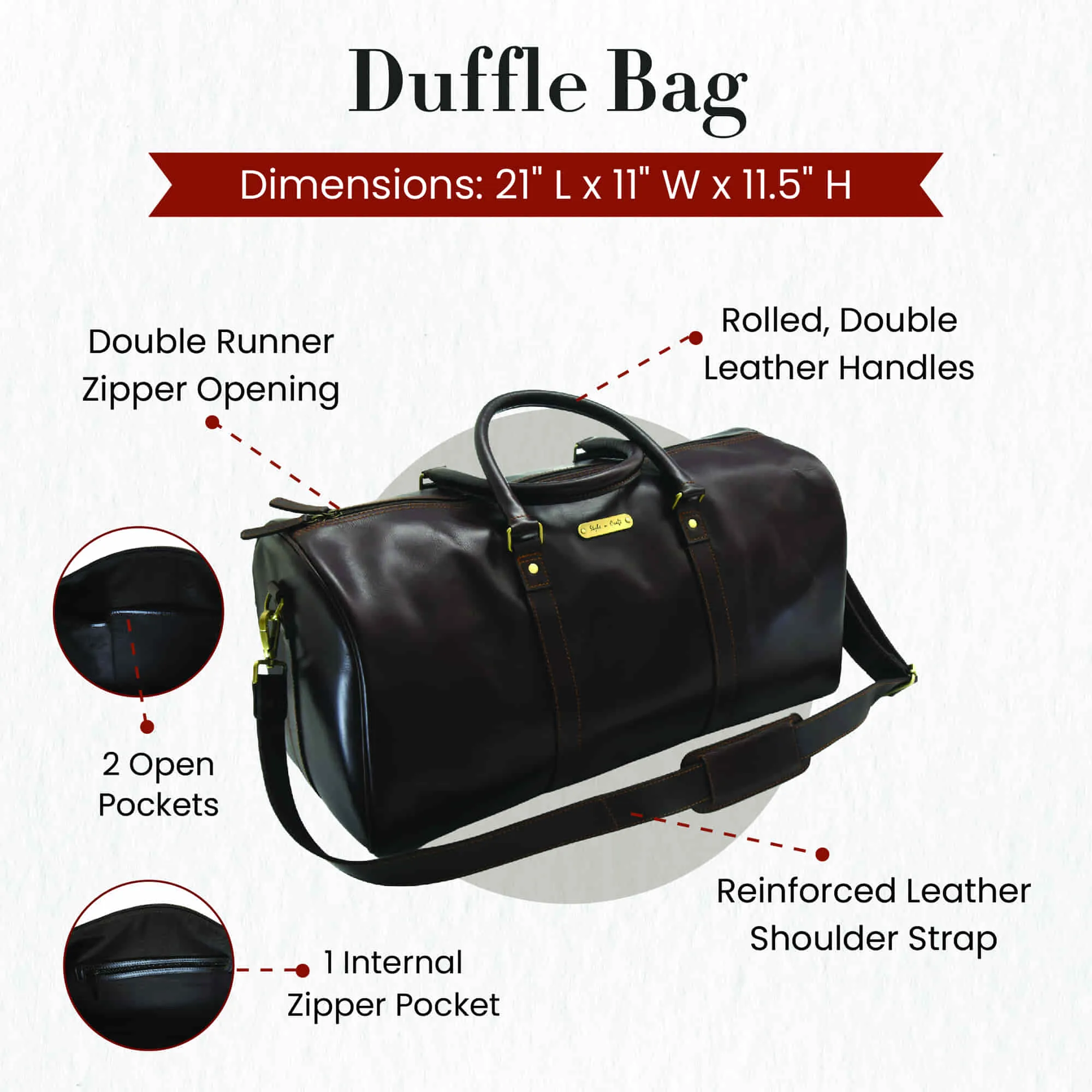 392101 Duffle Bag in Full Grain Dark Brown Leather | Style n Craft