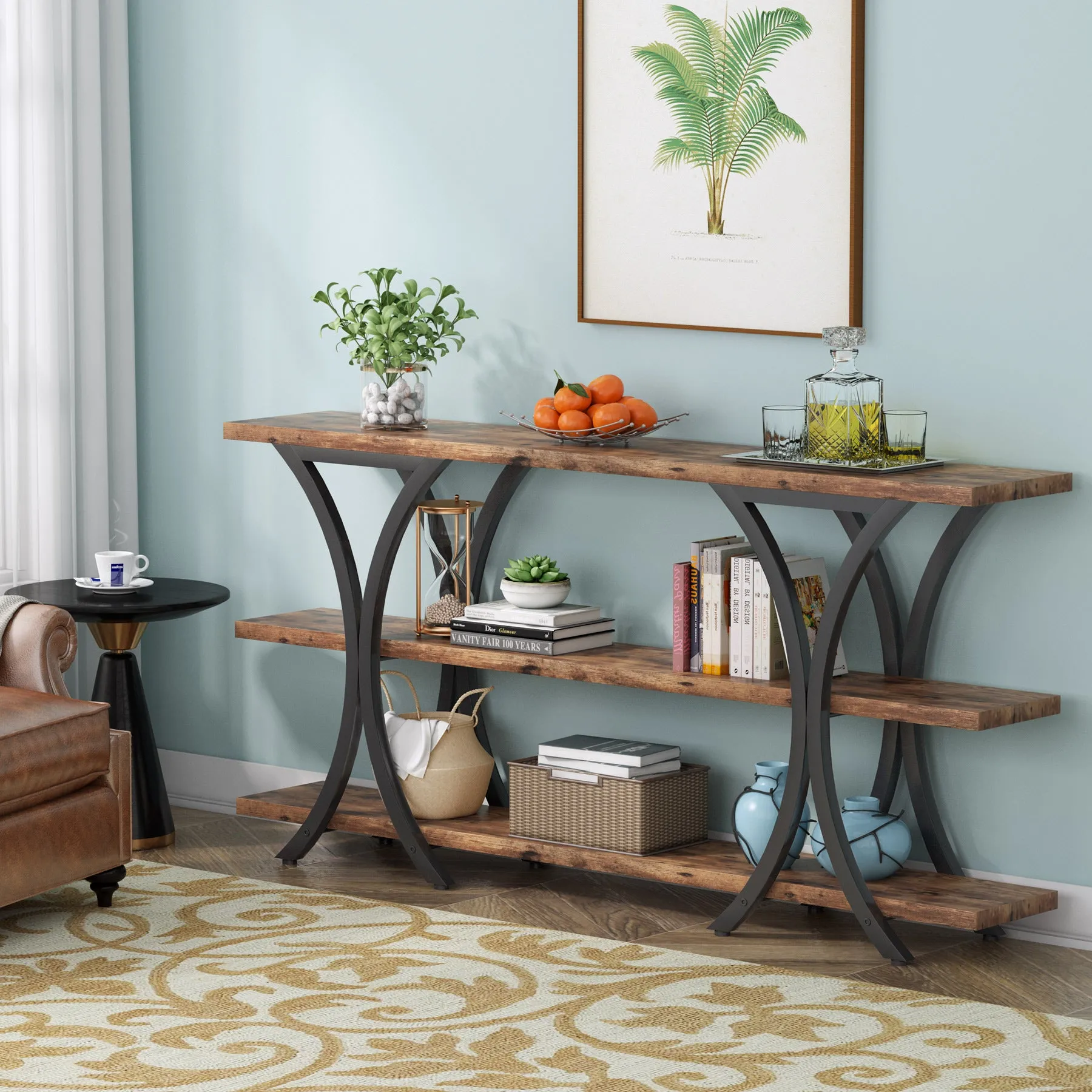 70.8" Console Table, Industrial Entryway Sofa Table with 3-Tier Shelves