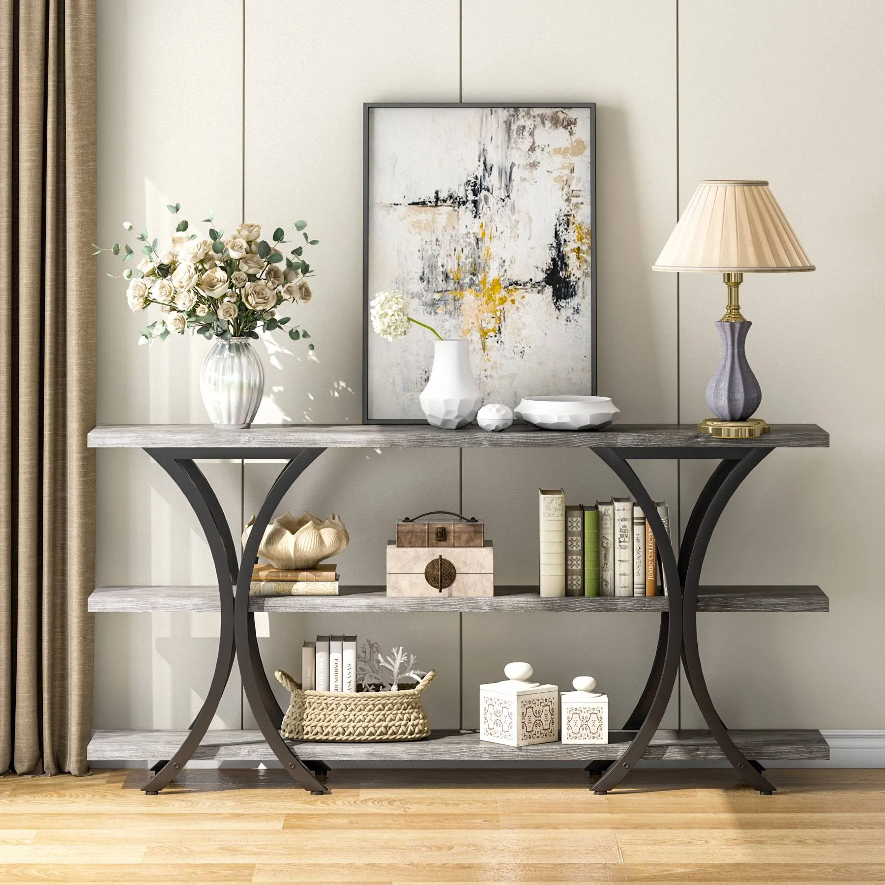 70.8" Console Table, Industrial Entryway Sofa Table with 3-Tier Shelves