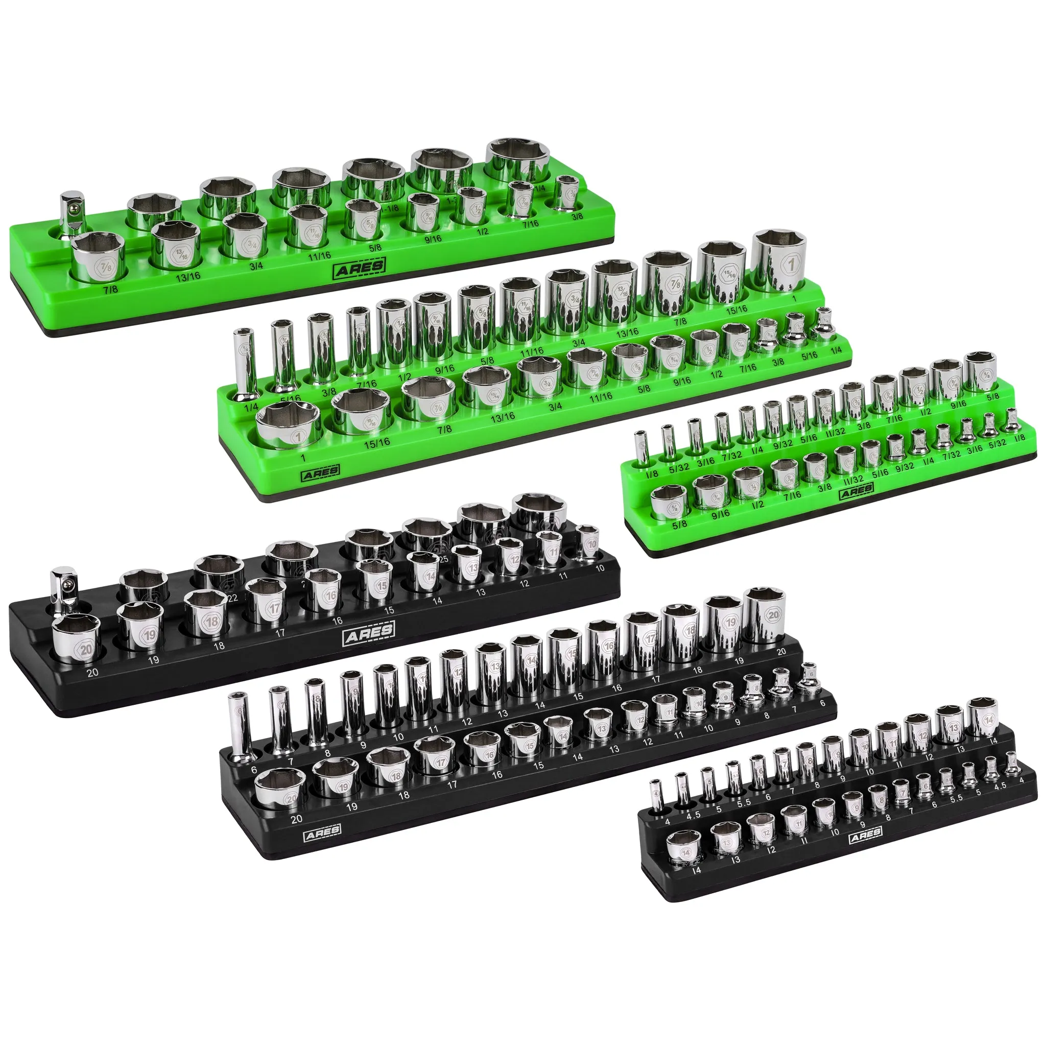 ARES 60160 - 6-Piece Black and Green Metric and SAE Magnetic Socket Organizer Set