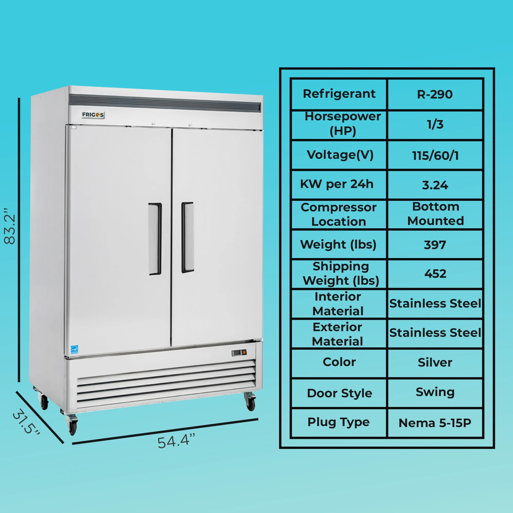 Double Door Commercial Refrigerator 49 Cu Ft – 54” Solid Door Reach-In, Bottom Mount Compressor | Frigos Premium FGP-RF-2DBC