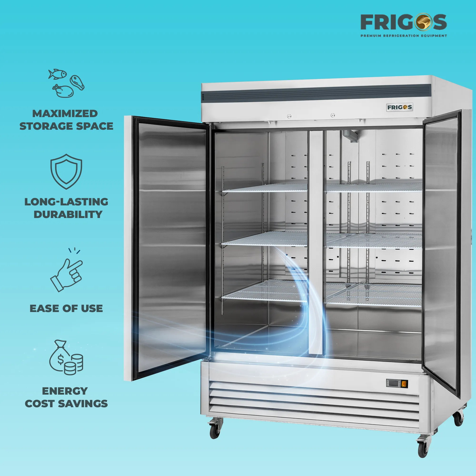 Double Door Commercial Refrigerator 49 Cu Ft – 54” Solid Door Reach-In, Bottom Mount Compressor | Frigos Premium FGP-RF-2DBC