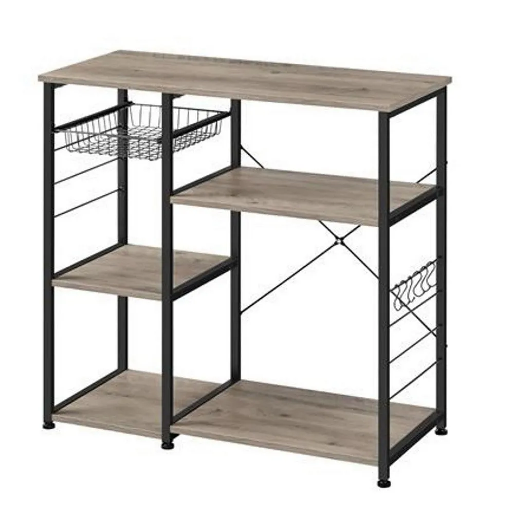 Elva 35 Inch Kitchen Rack, 4 Tier Shelves, Wire Basket, Greige Wood, Black By Casagear Home