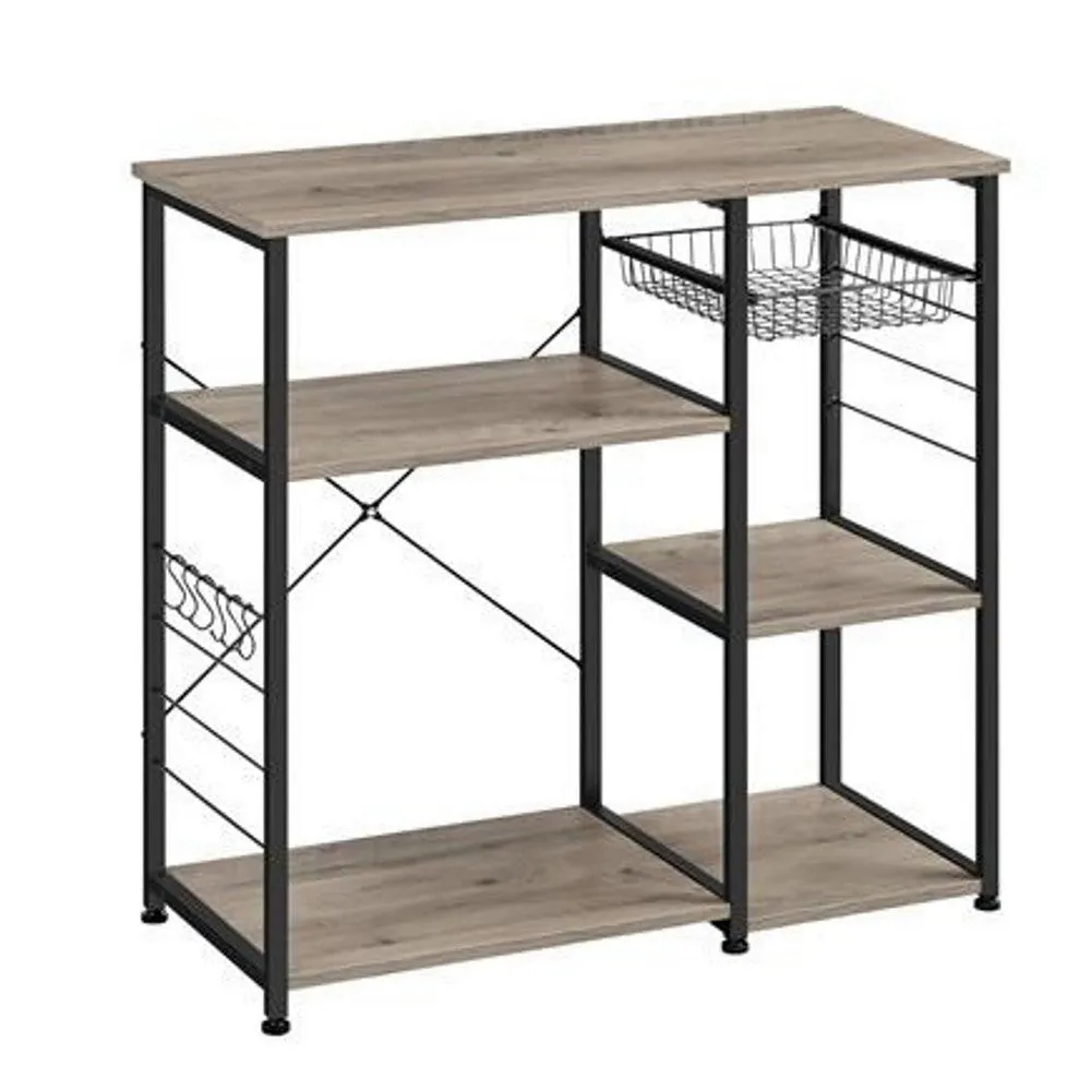 Elva 35 Inch Kitchen Rack, 4 Tier Shelves, Wire Basket, Greige Wood, Black By Casagear Home