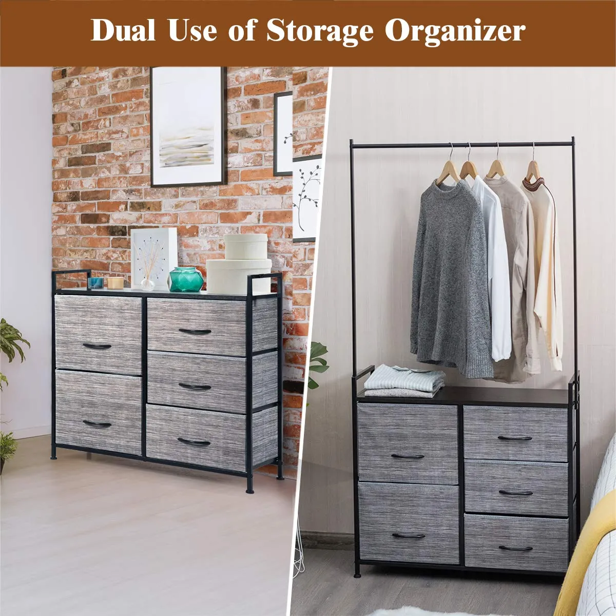 Fabric Drawer Dresser w/Clothes Rack, Storage Organizer with Metal Frame and Wooden Top