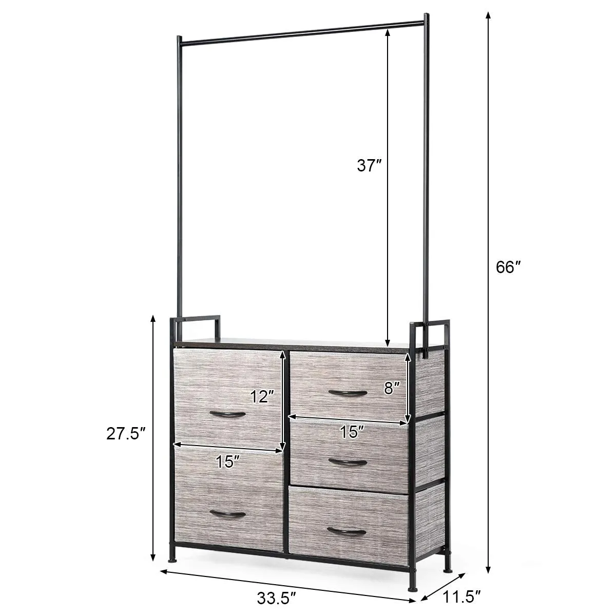 Fabric Drawer Dresser w/Clothes Rack, Storage Organizer with Metal Frame and Wooden Top