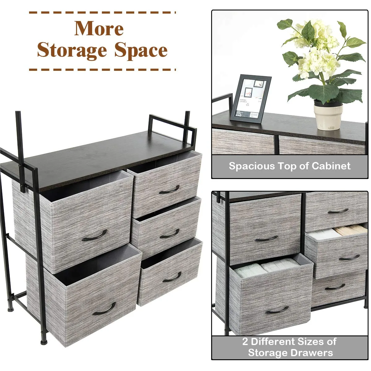 Fabric Drawer Dresser w/Clothes Rack, Storage Organizer with Metal Frame and Wooden Top