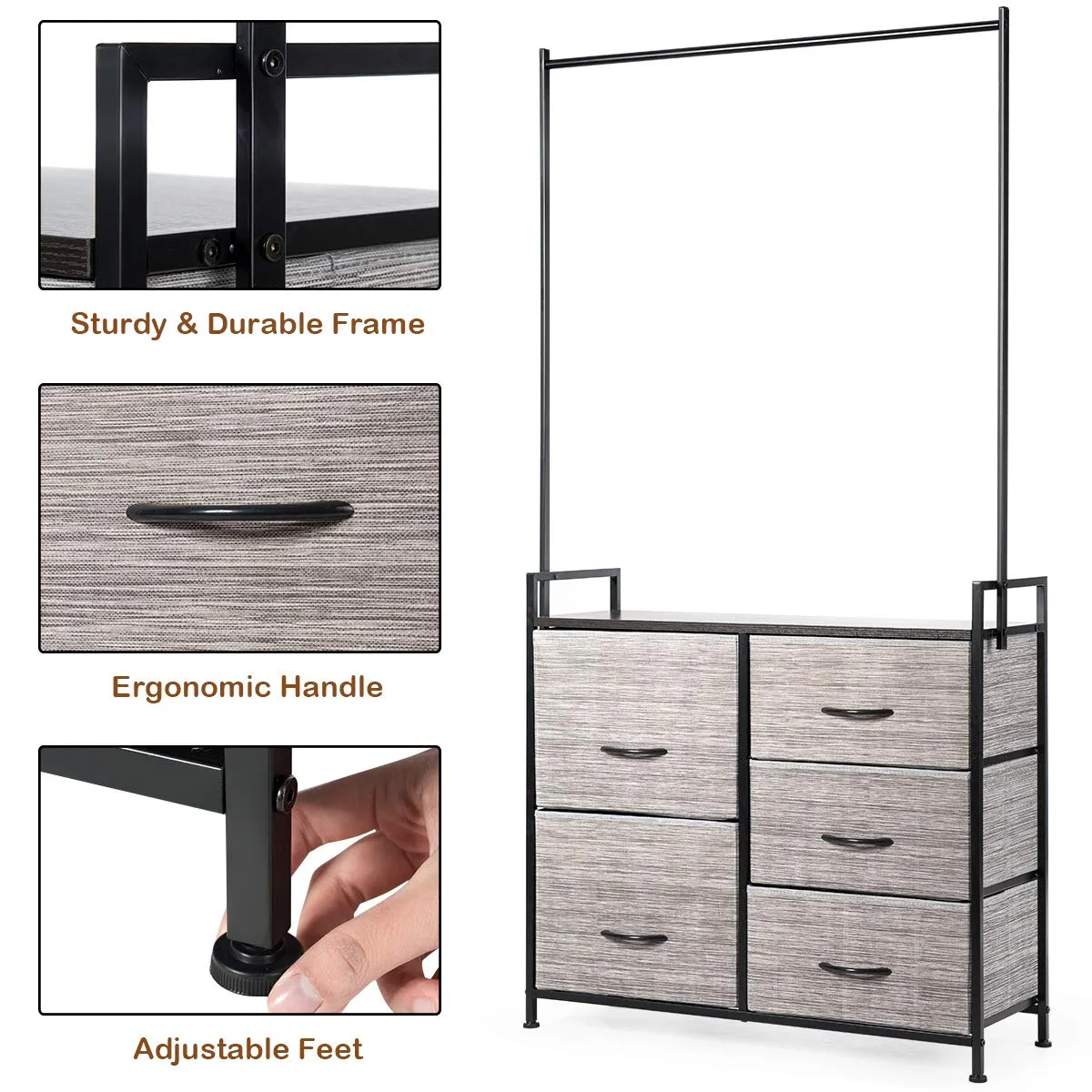 Fabric Drawer Dresser w/Clothes Rack, Storage Organizer with Metal Frame and Wooden Top