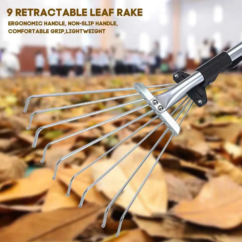 Garden Rake Lawns Stainless Steel Hand Tool Portable Yards Lightweight Home Fan Broom 9 Teeth Leaf Brush Collect Loose Debris