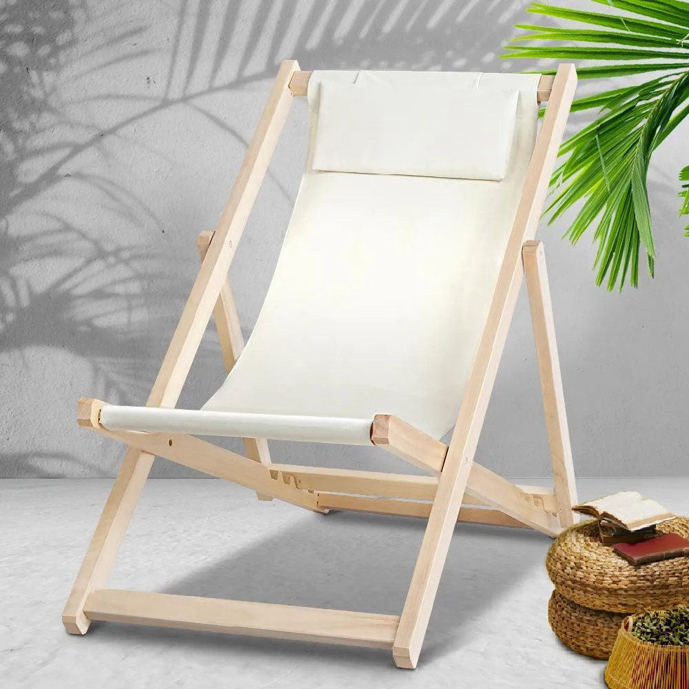 Gardeon Outdoor Chairs Sun Lounge Deck Beach Chair Folding Wooden Patio Furniture Beige