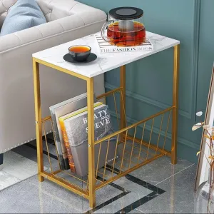 Golden Gleam Square Sofa Side Basket Table - Modern Marble Top