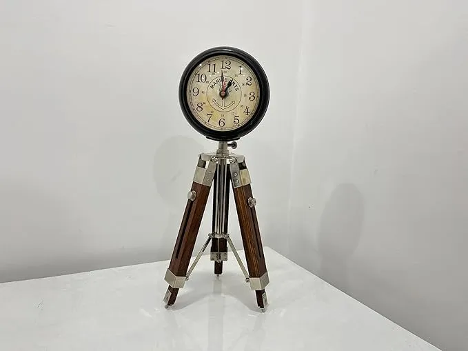 Handmade Wooden Table Clock with Adjustable Tripod Stand Heavy Quality (Brown), Tripod 5 inch Clock for Office & Home Decor, Living Room