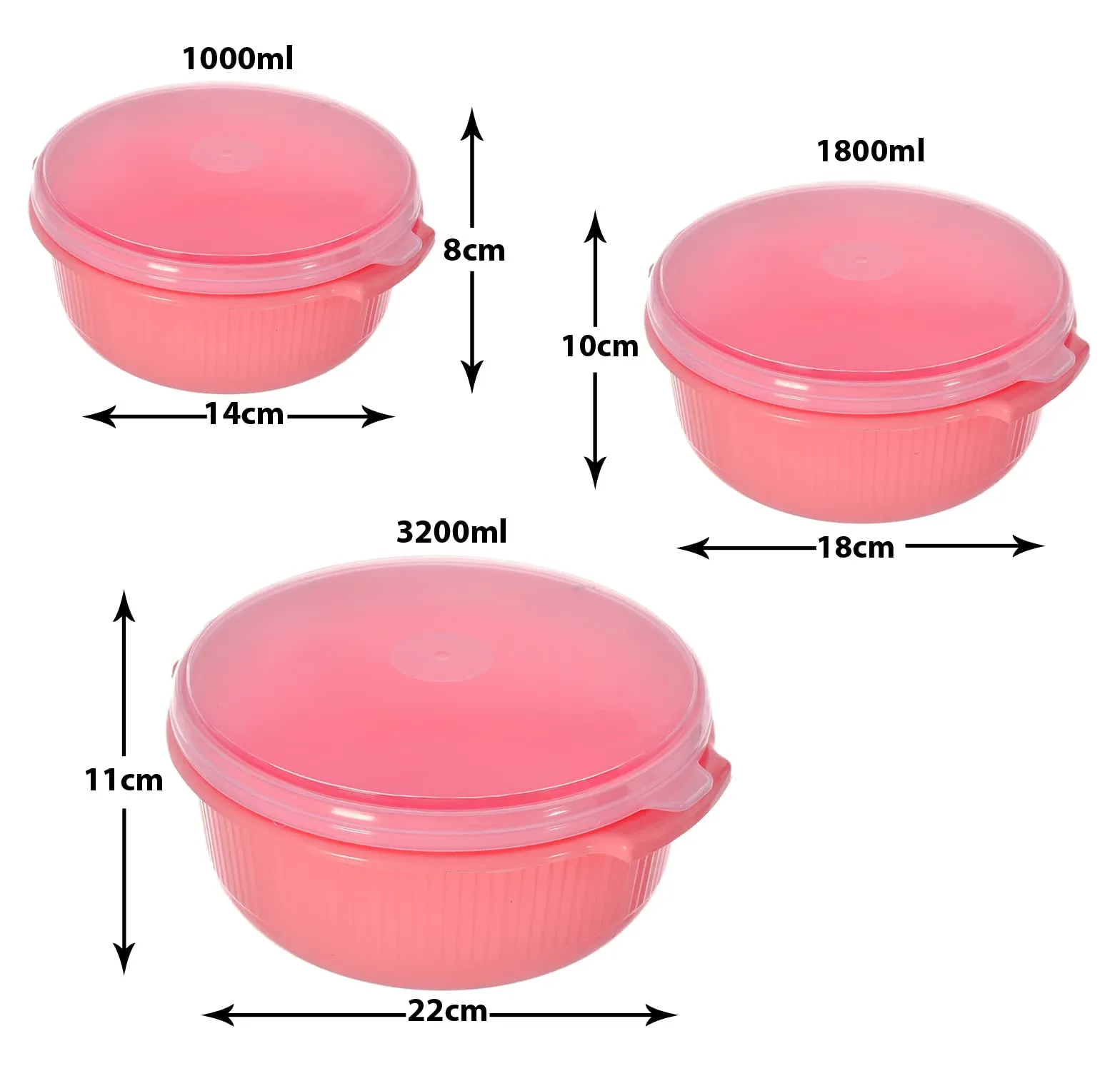 Heart Home 3 Piece Multiuses Plastic Serving/Mixing Bowls, Food Storage Containers Set with Lid, (3200ml, 1800ml, 1000ml) (Pink)-46KHH0143