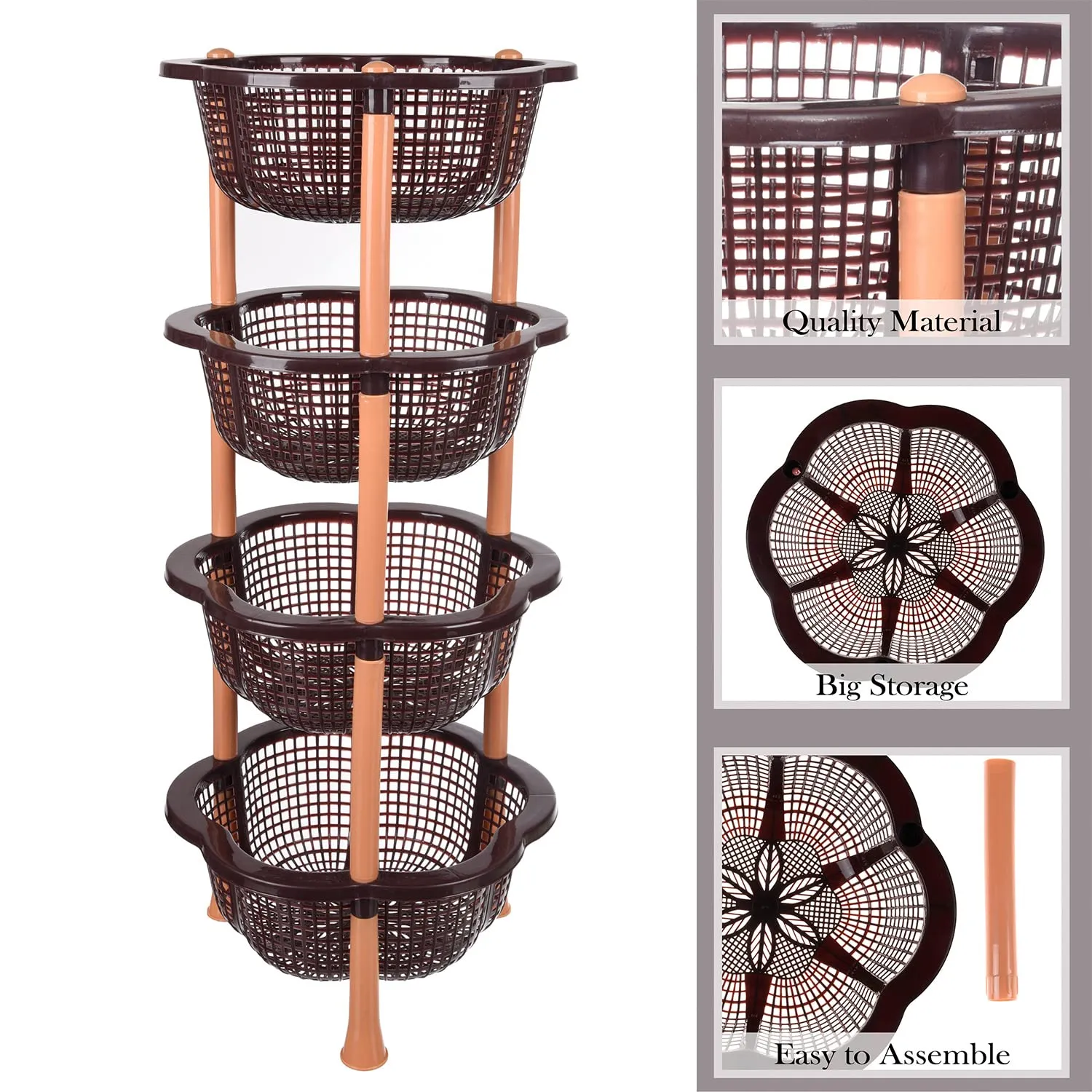 Heart Home Storage Basket | Plastic 4 Layer Kitchen Storage Basket | Storage Rack for Kitchen | Multi-Layer Vegetable Rack | Desire Floor-Standing Rack | Brown