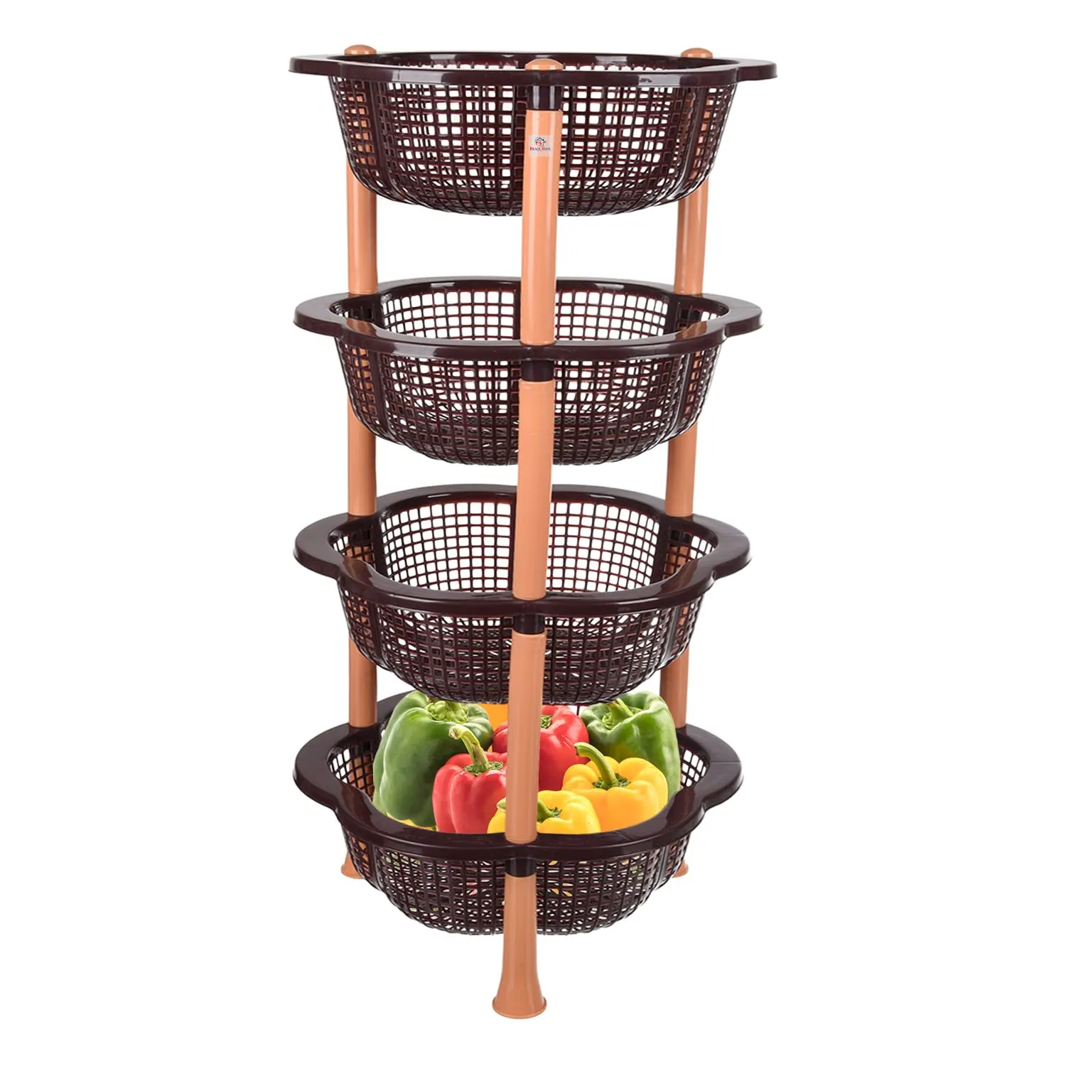 Heart Home Storage Basket | Plastic 4 Layer Kitchen Storage Basket | Storage Rack for Kitchen | Multi-Layer Vegetable Rack | Desire Floor-Standing Rack | Brown