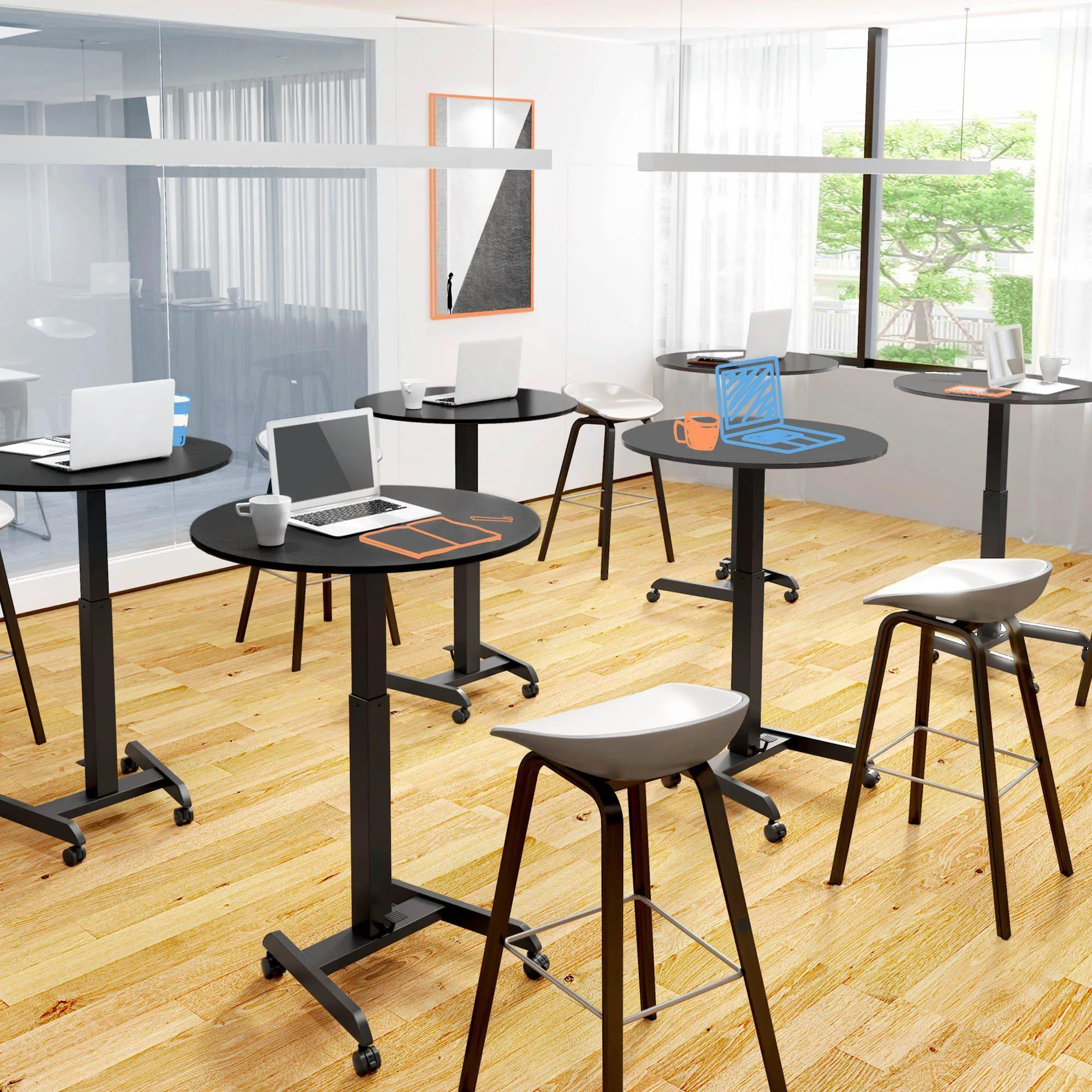 Height Adjustable Round Table and Mobile Workstation