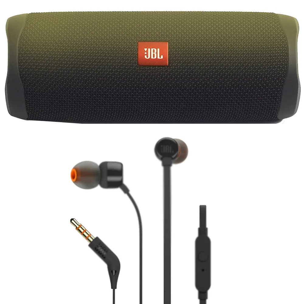 JBL FLIP 5 Waterproof Bluetooth Speaker Black with JBL T110 in Ear Headphones