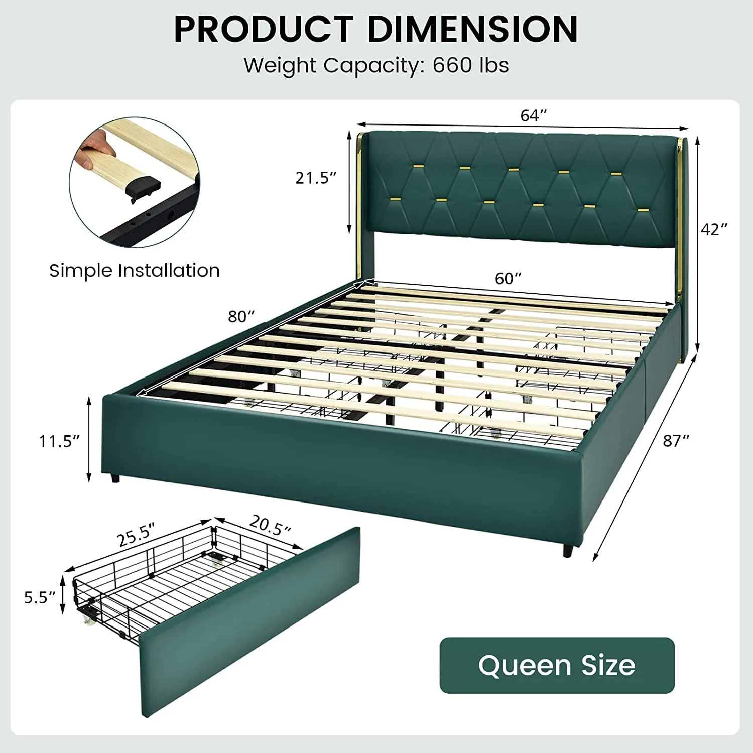 KOMFOTT Full/Queen Upholstered Bed Frame with 4 Rolling Storage Drawers, Space Saving PU Leather Bed Frame