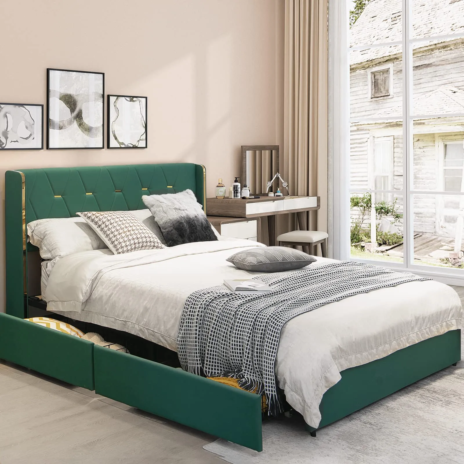 KOMFOTT Full/Queen Upholstered Bed Frame with 4 Rolling Storage Drawers, Space Saving PU Leather Bed Frame