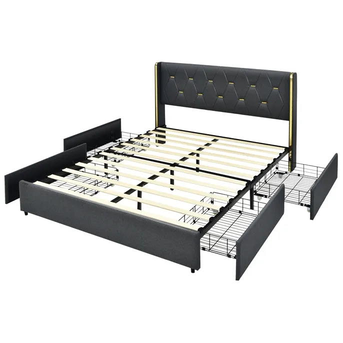 KOMFOTT Full/Queen Upholstered Bed Frame with 4 Rolling Storage Drawers, Space Saving PU Leather Bed Frame