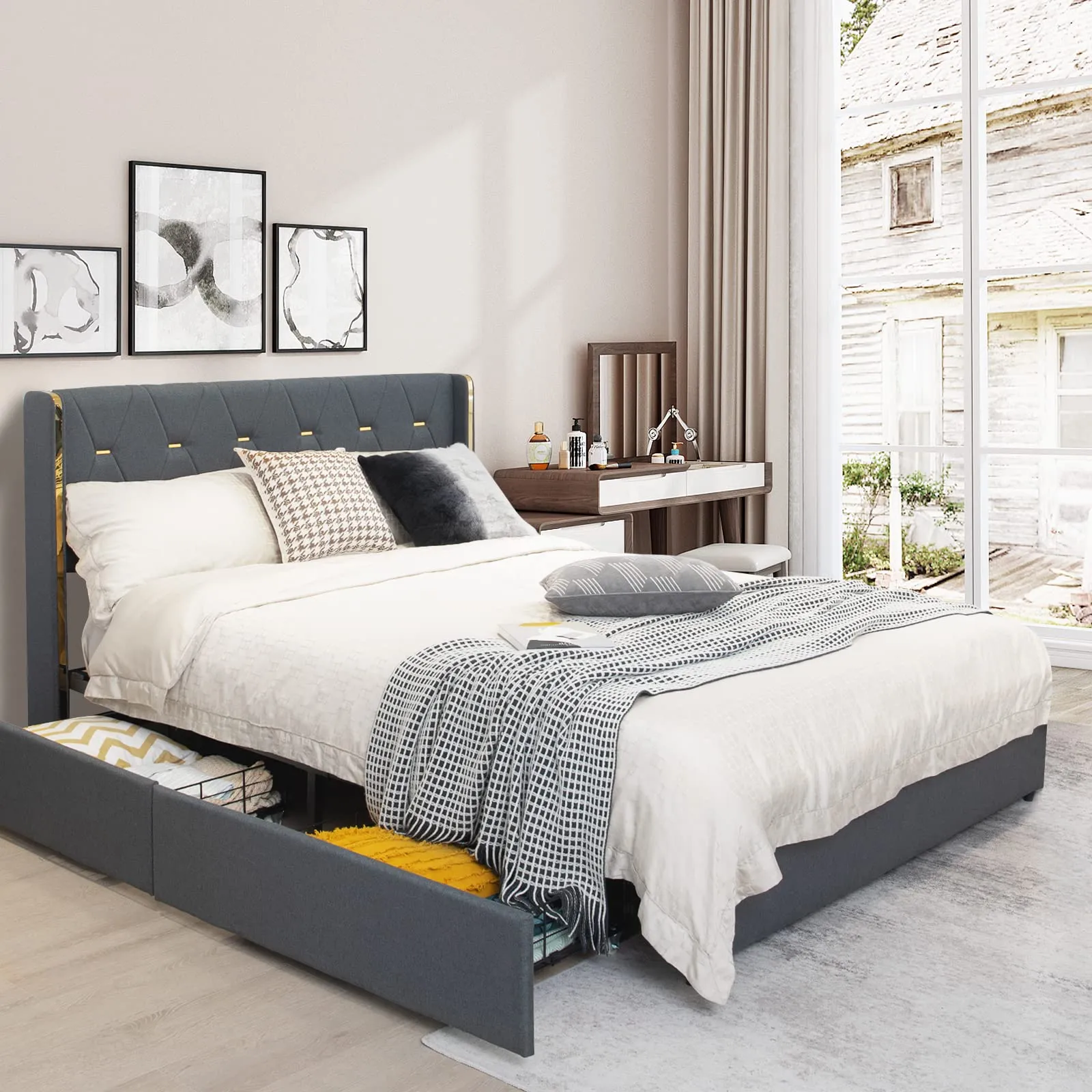 KOMFOTT Full/Queen Upholstered Bed Frame with 4 Rolling Storage Drawers, Space Saving PU Leather Bed Frame