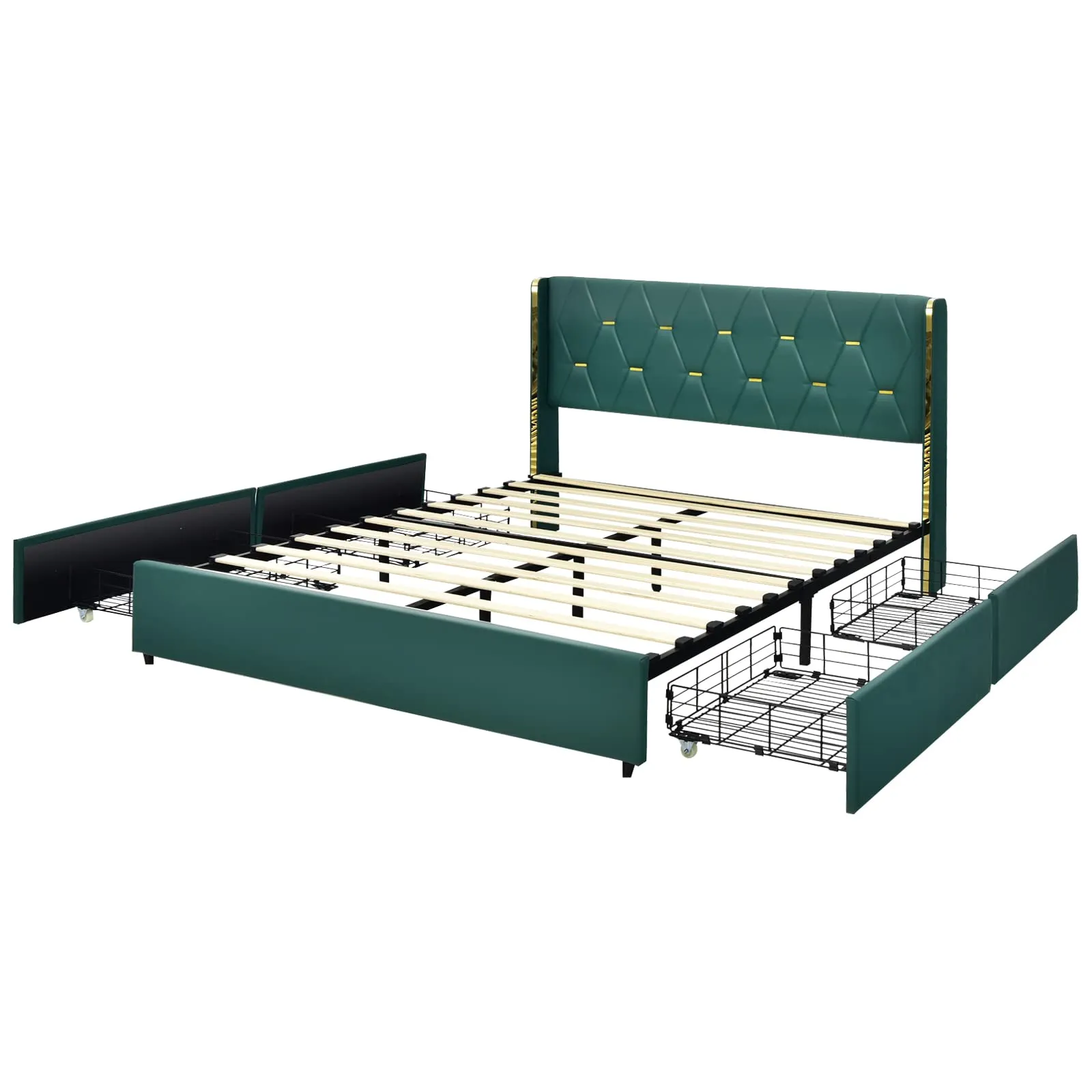 KOMFOTT Full/Queen Upholstered Bed Frame with 4 Rolling Storage Drawers, Space Saving PU Leather Bed Frame