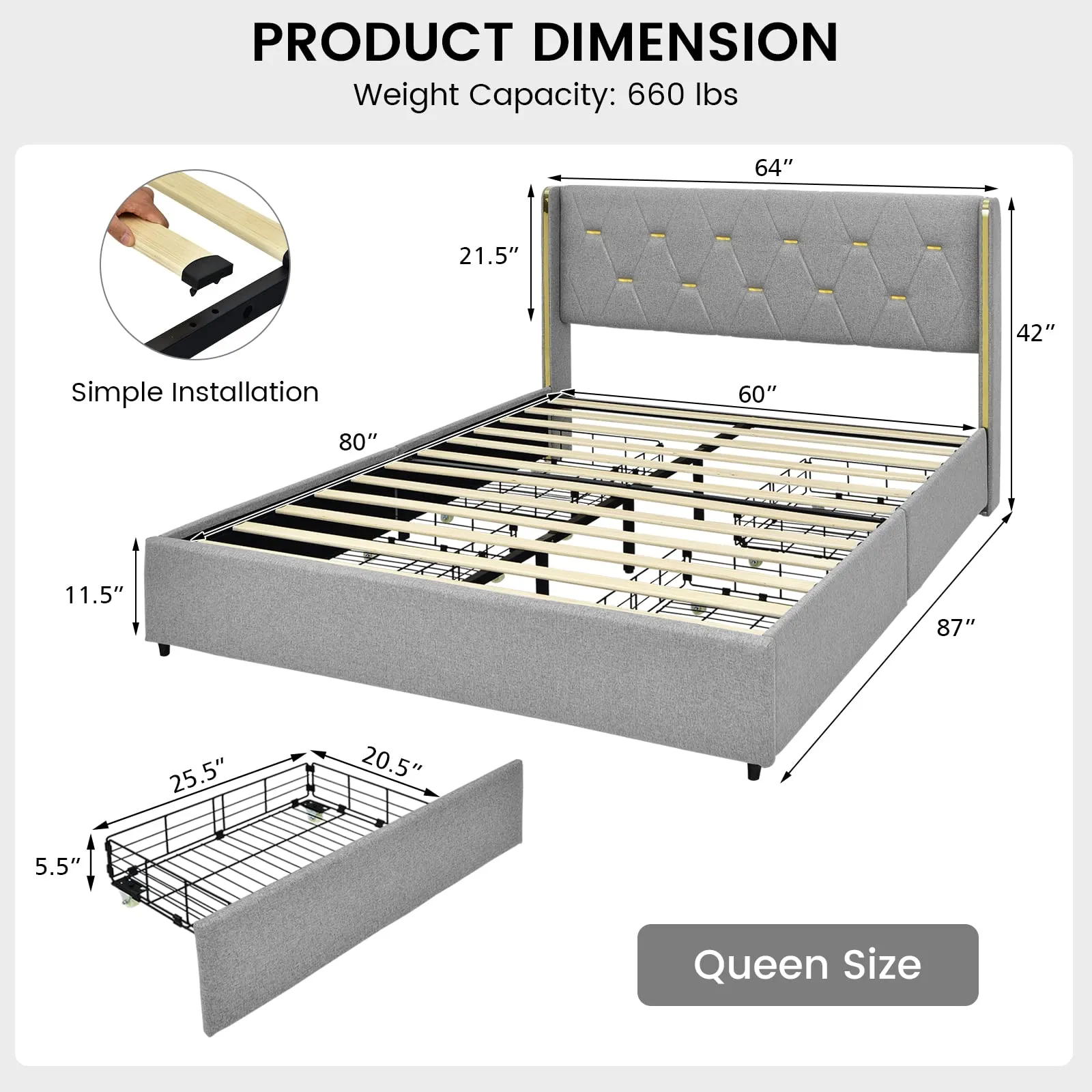 KOMFOTT Full/Queen Upholstered Bed Frame with 4 Rolling Storage Drawers, Space Saving PU Leather Bed Frame