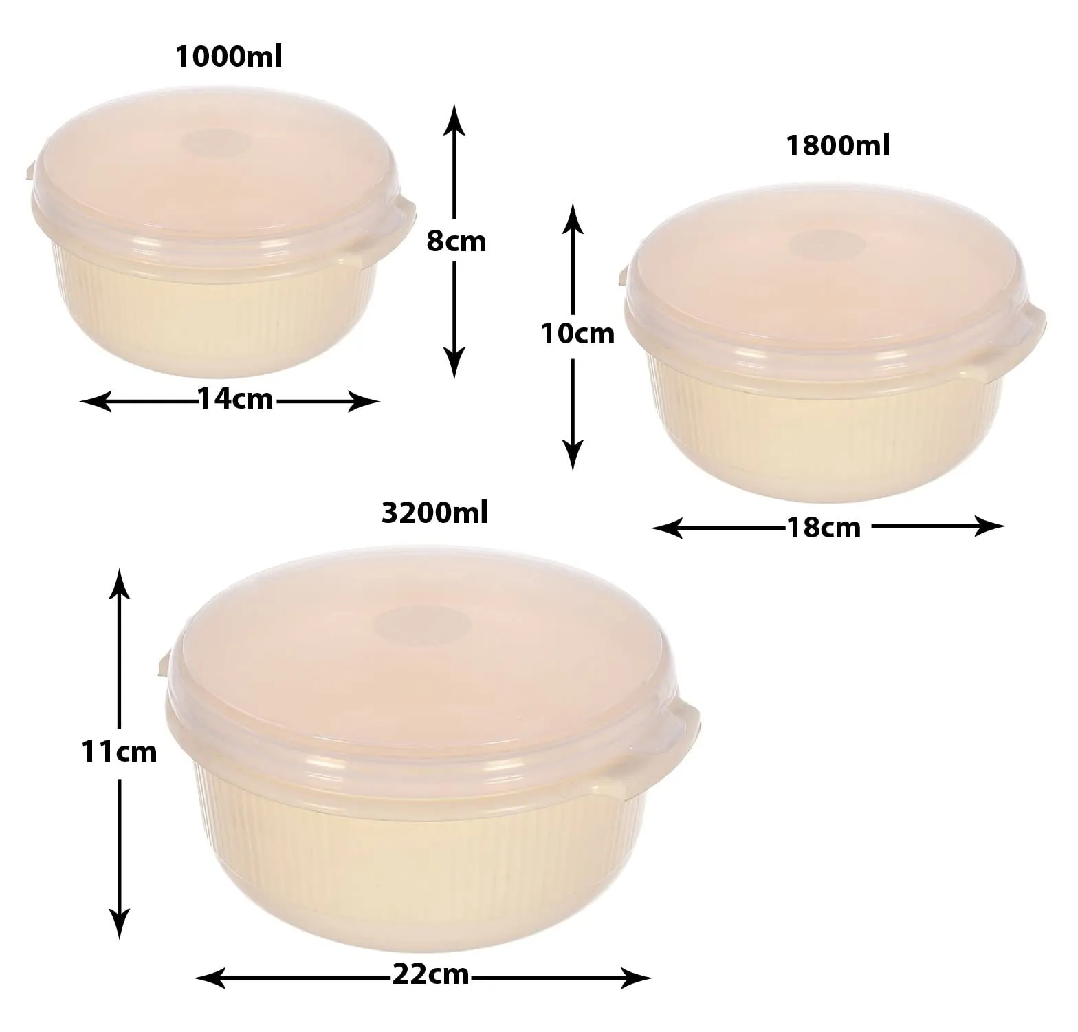 Kuber Industries Food Grade, Microwave & Freezer Safe Plastic Bowls, Food Storage Container Set With Lid, Set of 3 (3200ml, 1800ml, 1000ml) (Cream)-46KM0318