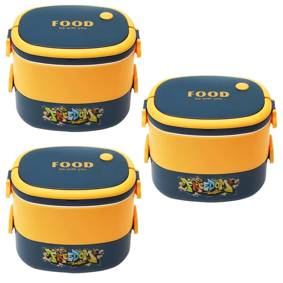 Kuber Industries Insulated Lunch Box with 2 Compartments|100% BPA Free, Food Grade ABS Plastic|Leakproof & Spill Proof|Dishwasher & Microwave Safe Lunch Box|1450 ML|HX0043343|Pack of 3|Yellow & Blue