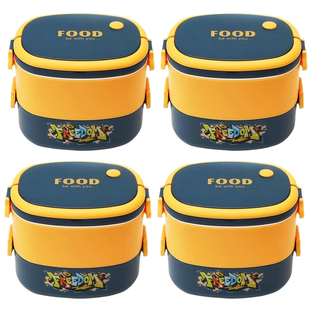 Kuber Industries Insulated Lunch Box with 2 Compartments|100% BPA Free, Food Grade ABS Plastic|Leakproof & Spill Proof|Dishwasher & Microwave Safe Lunch Box|1450 ML|HX0043343|Pack of 4|Yellow & Blue