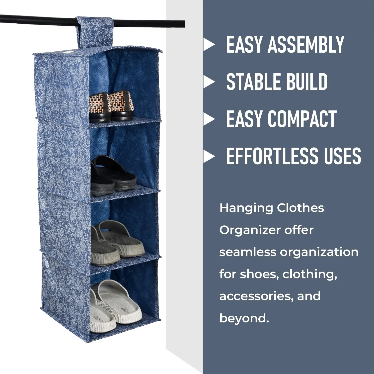 Kuber Industries Shoe Rack | 4 Shelf Foldable Storage Rack | Clothes Hanging Organizer | Shoe Storage Organizer | Closet Organizer with Velcro | Shoe Rack Flower Printed | Navy Blue