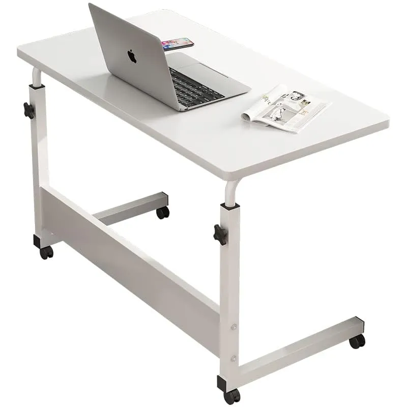 Kuber Industries Wooden Rectangular Manual Height Adjustable Table for Work & Study with Wheels | Spacious Desk & Laptop Tables for Work from Home & Office | LF180WTE-White