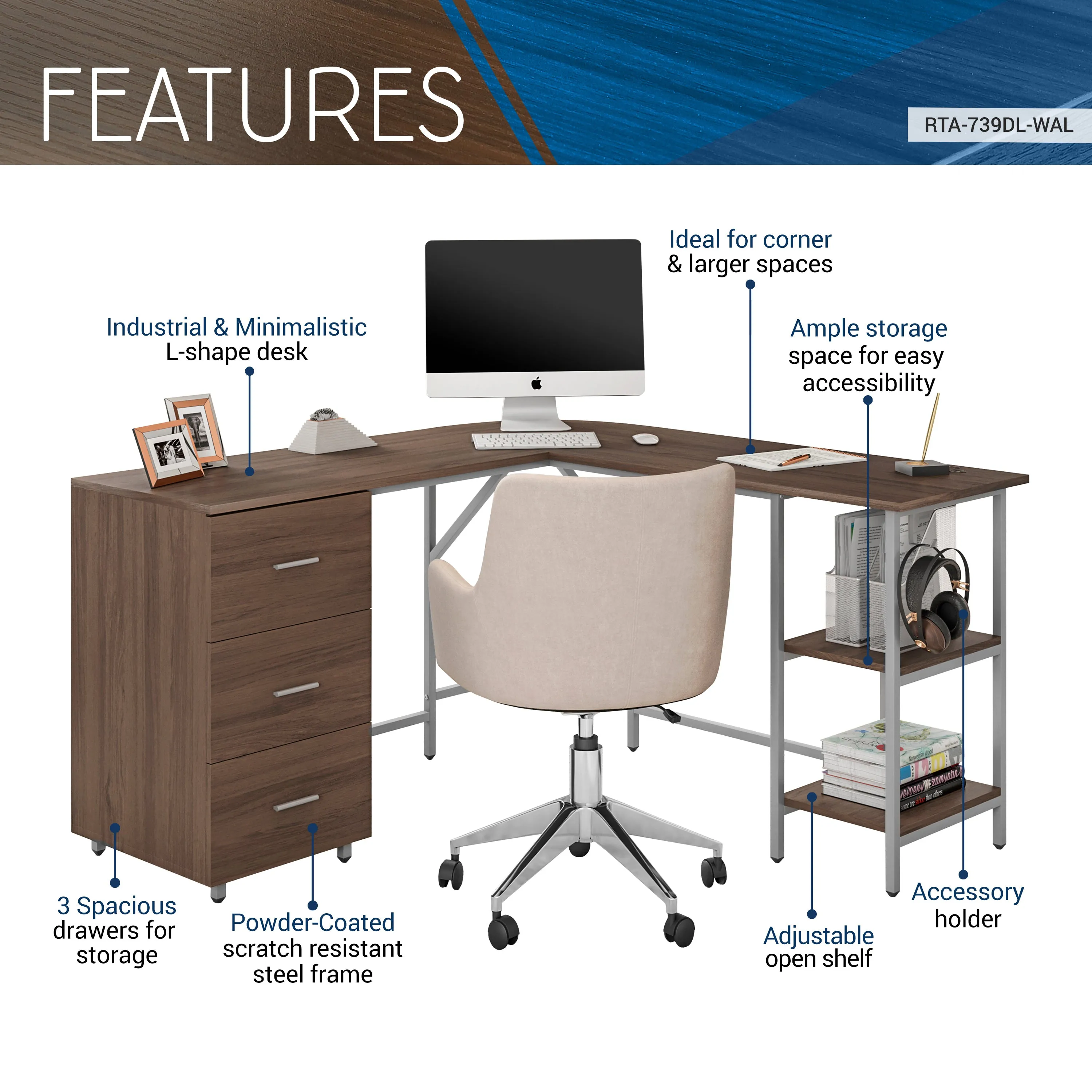 L-Shape Home Office Two-Tone Desk with Storage