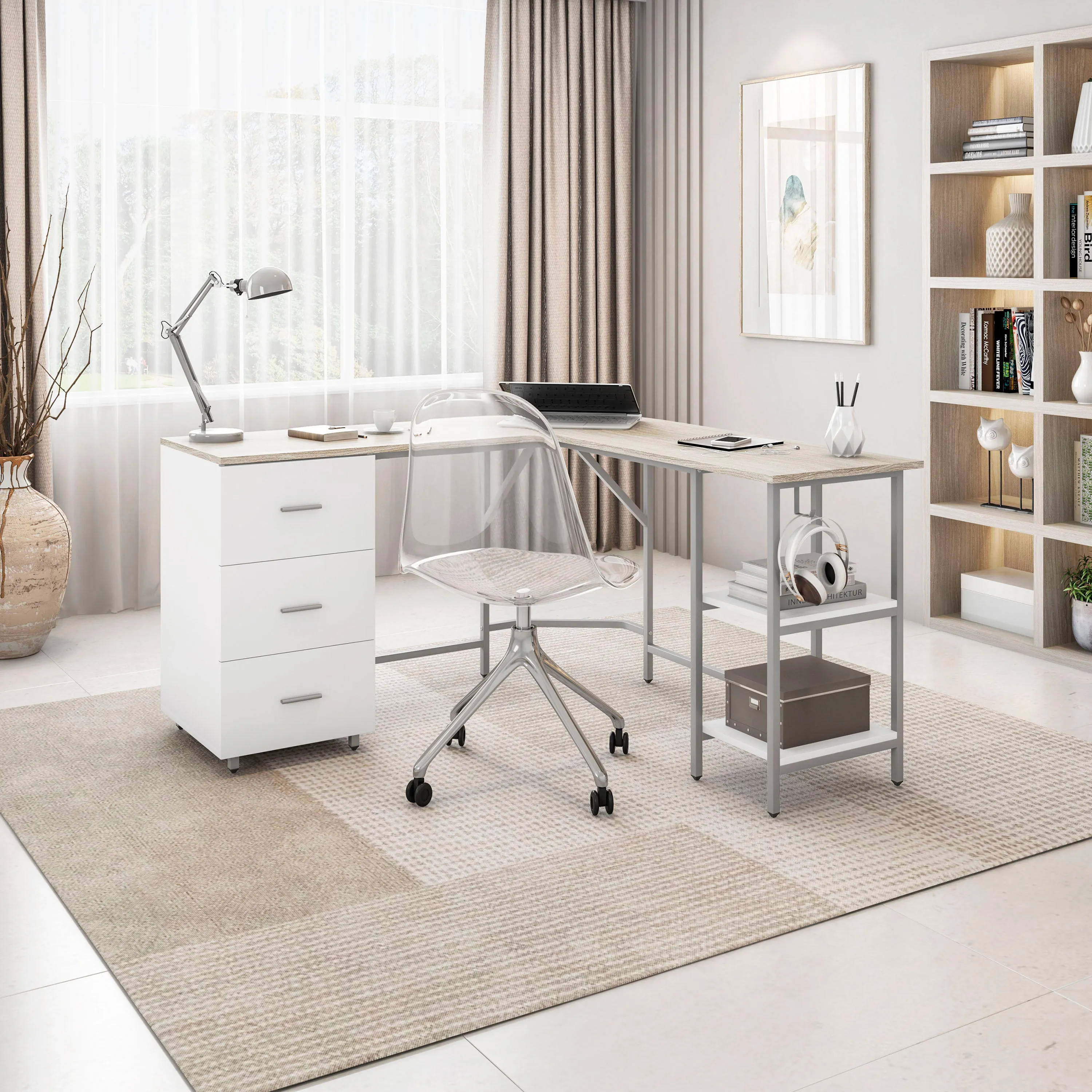 L-Shape Home Office Two-Tone Desk with Storage