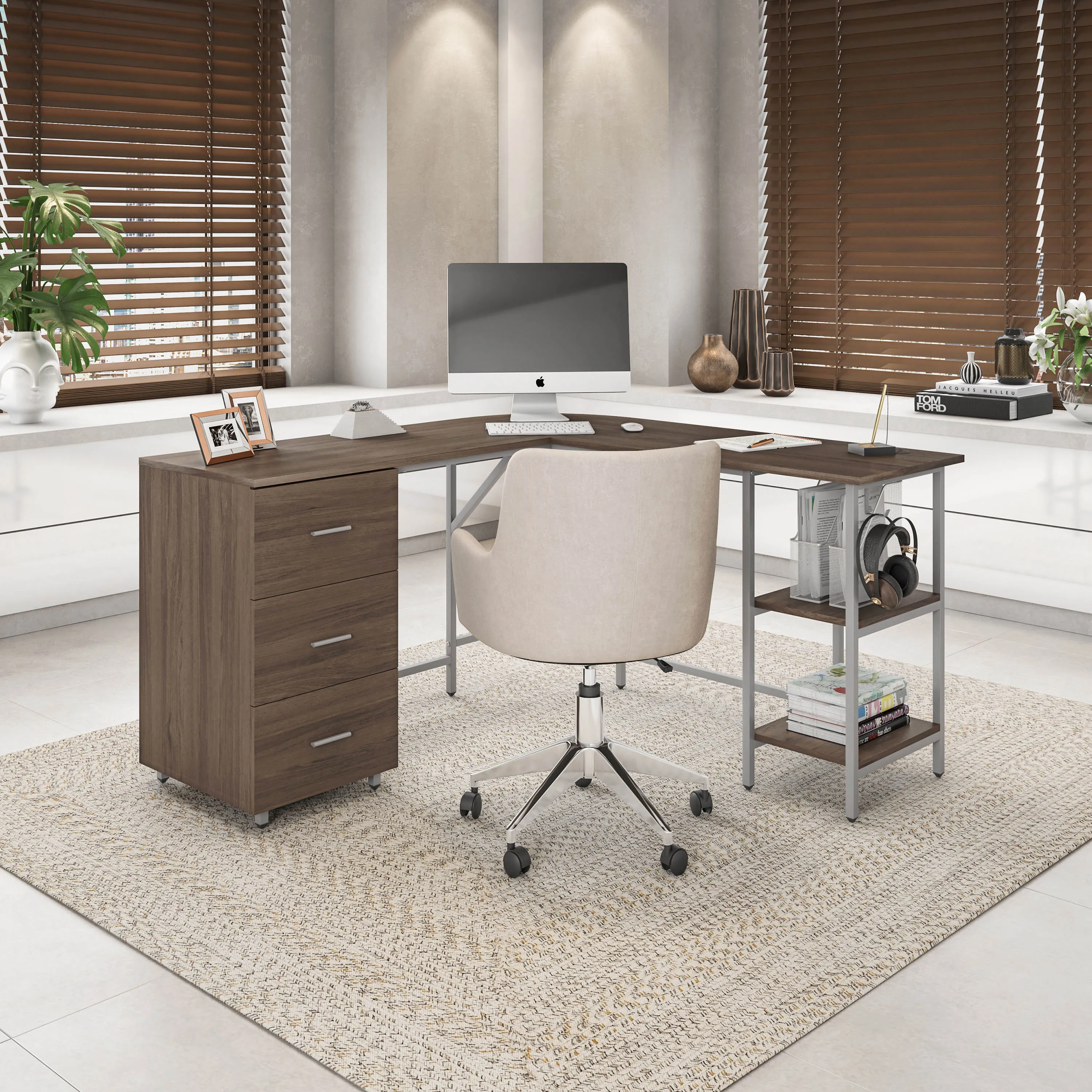 L-Shape Home Office Two-Tone Desk with Storage