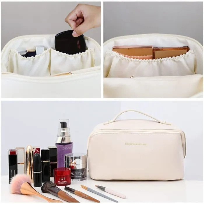 Large Travel Cosmetic Bag Portable Make Up Makeup Bag Waterproof Pu Leather Storage White