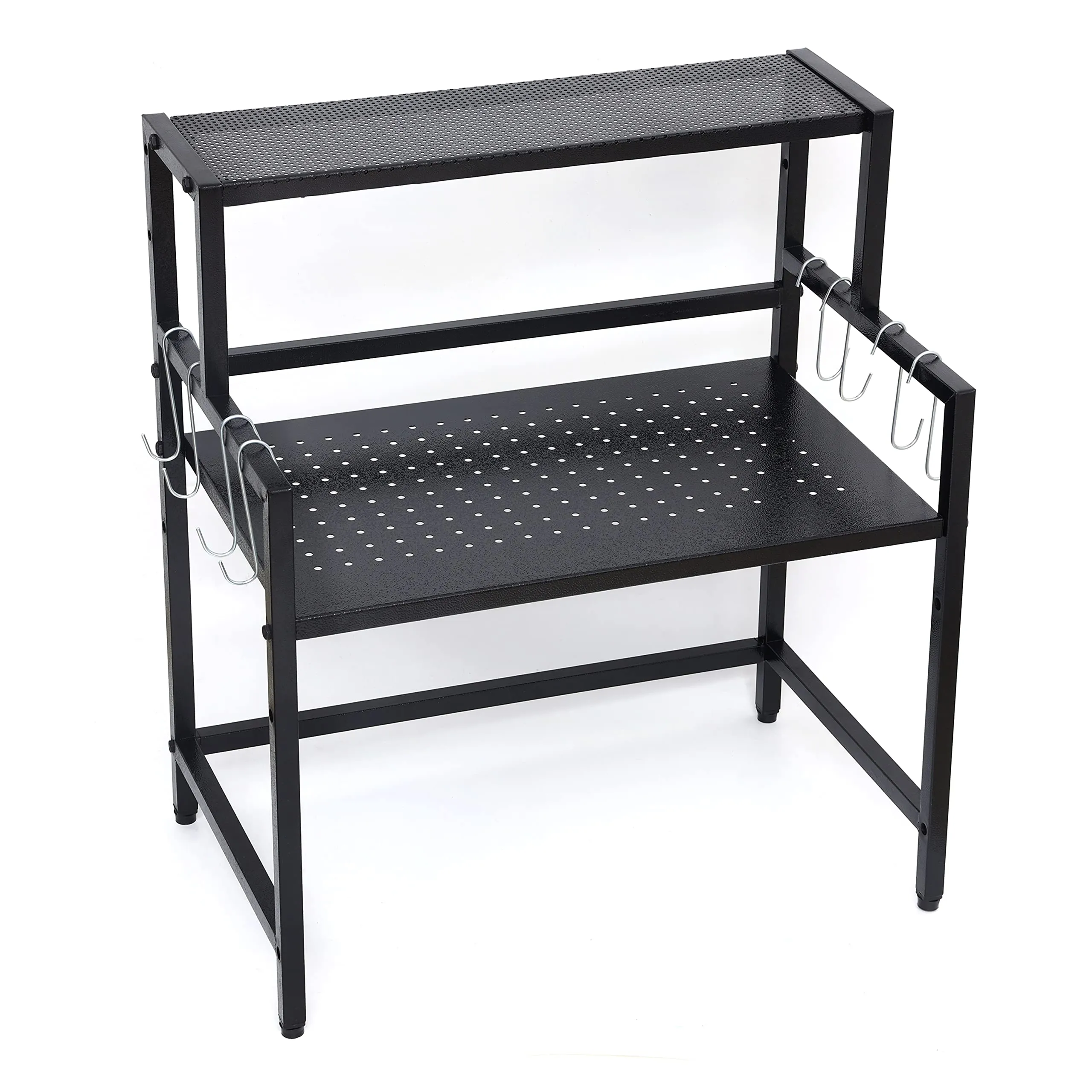 Livzing 2-Tier Microwave Oven Rack-Adjustable Microwave Stand with Hooks-Multipurpose Counter top Storage Organizer-Dish Rack for Kitchen Cabinet-OTG and Microwave Rack–Black