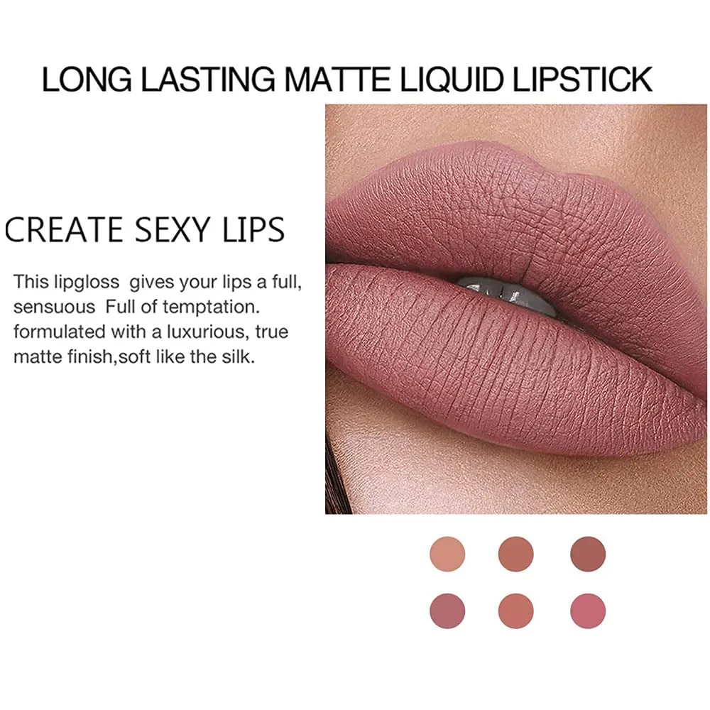 Long-Lasting Matte Velvet Liquid Lipstick Set - 6 Nude Shades for Effortless Lip Makeup