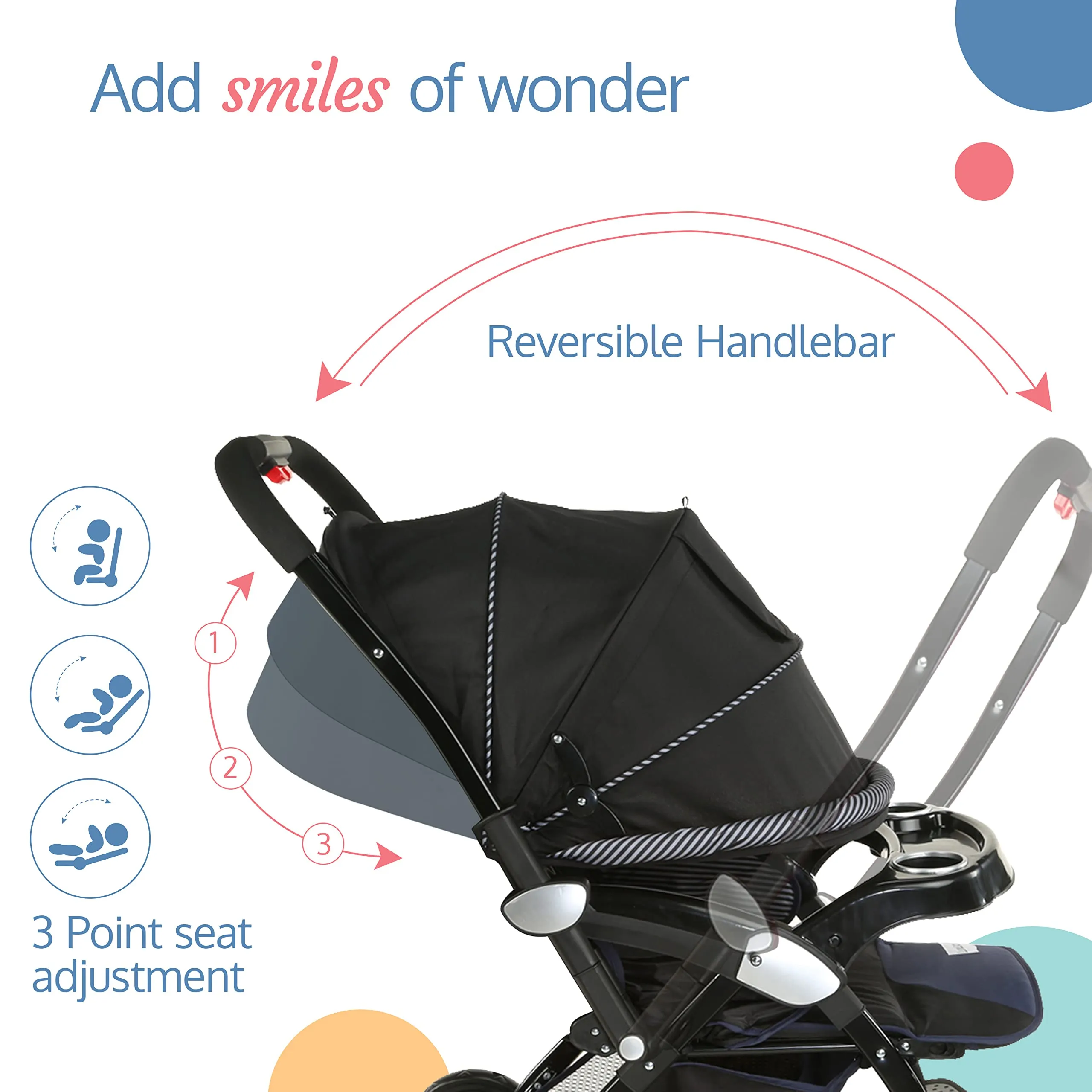 LuvLap Galaxy baby stroller, Pram for baby with 5 point safety harness, Spacious Cushioned seat with Multi level seat recline, Easy Fold, Lightweight baby stroller for 0 to 3 years (Black)