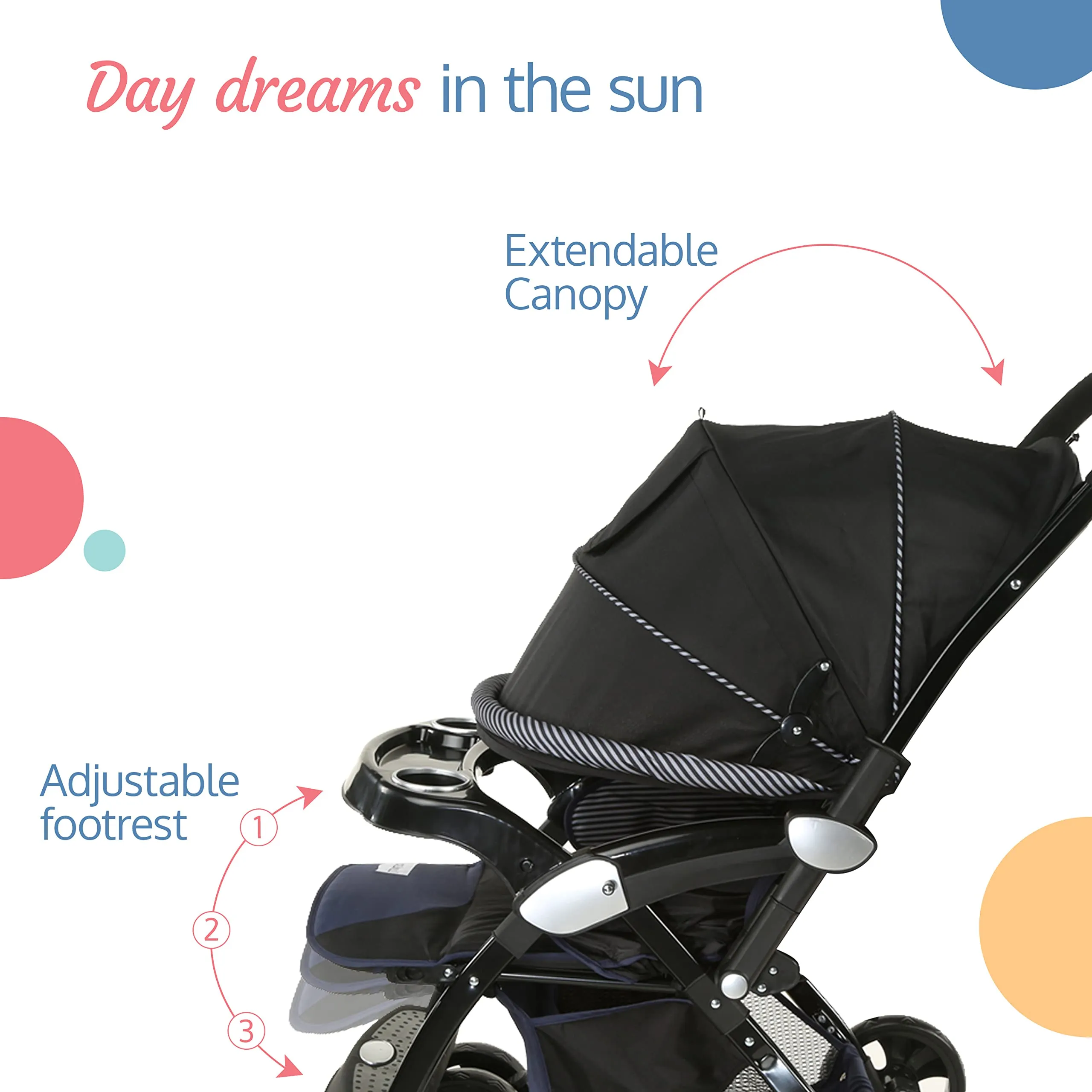 LuvLap Galaxy baby stroller, Pram for baby with 5 point safety harness, Spacious Cushioned seat with Multi level seat recline, Easy Fold, Lightweight baby stroller for 0 to 3 years (Black)