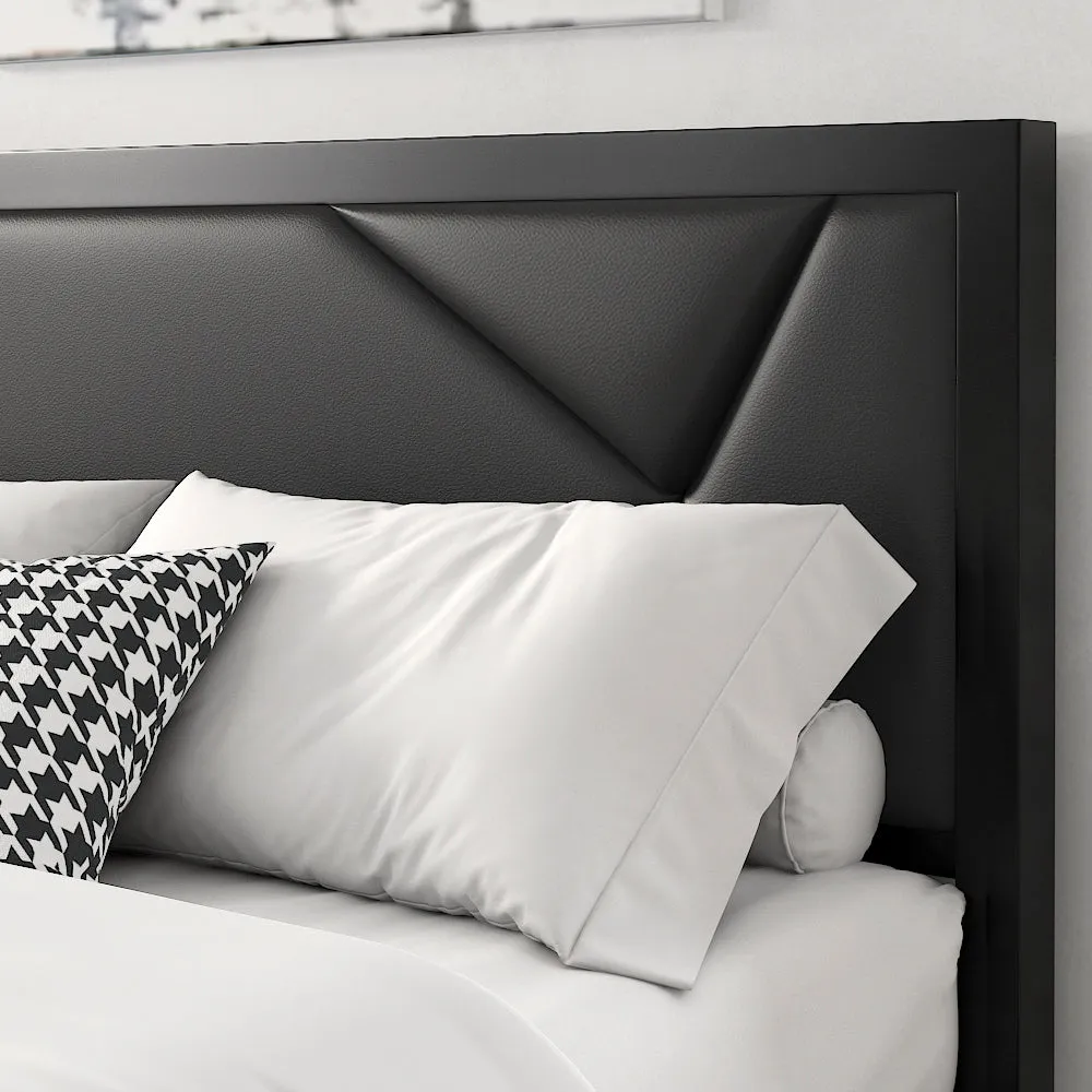 Metal Bed Frame with Geometric Litchi Grain Leather Headboard