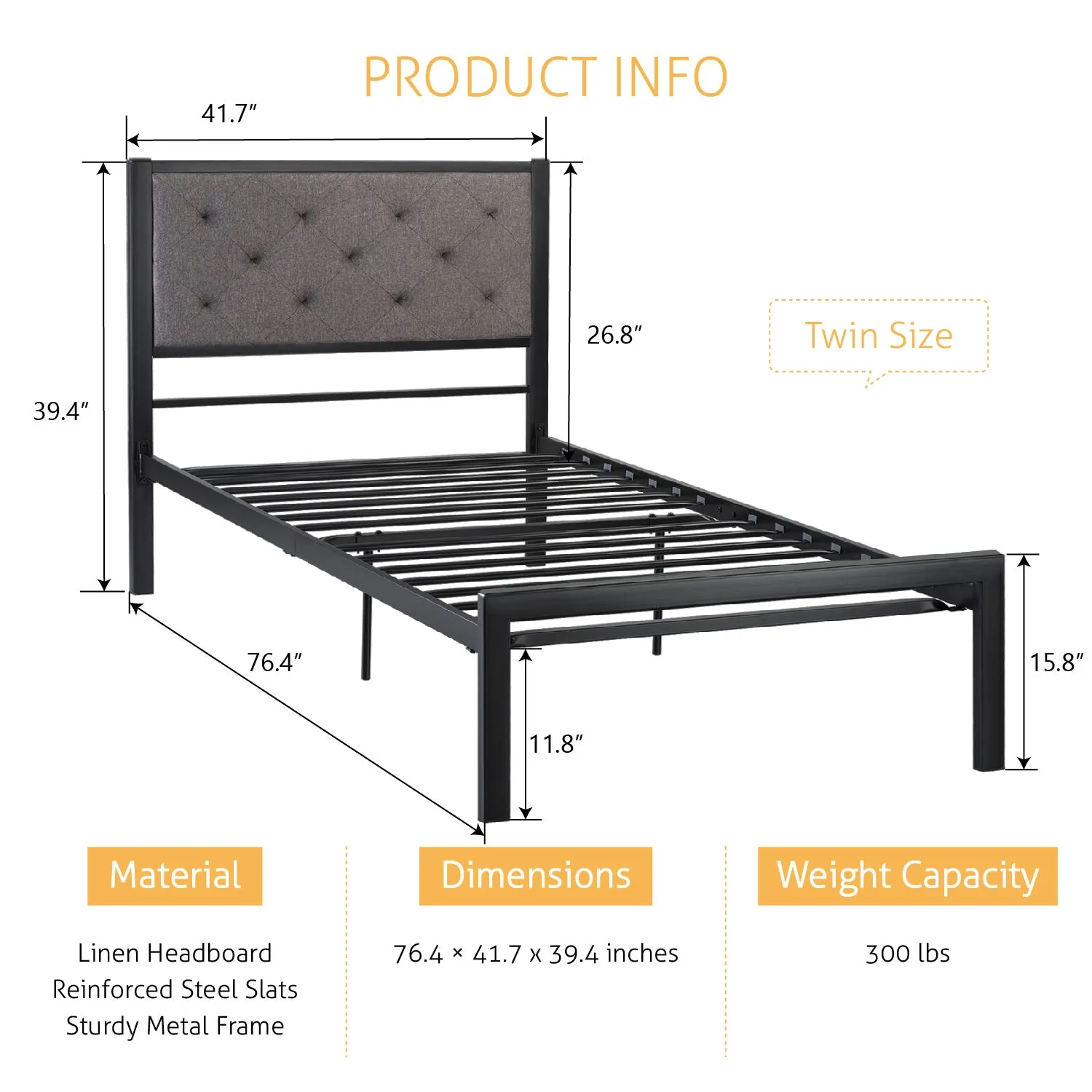 Metal Bed with Headboard, Strong Steel Slats Support