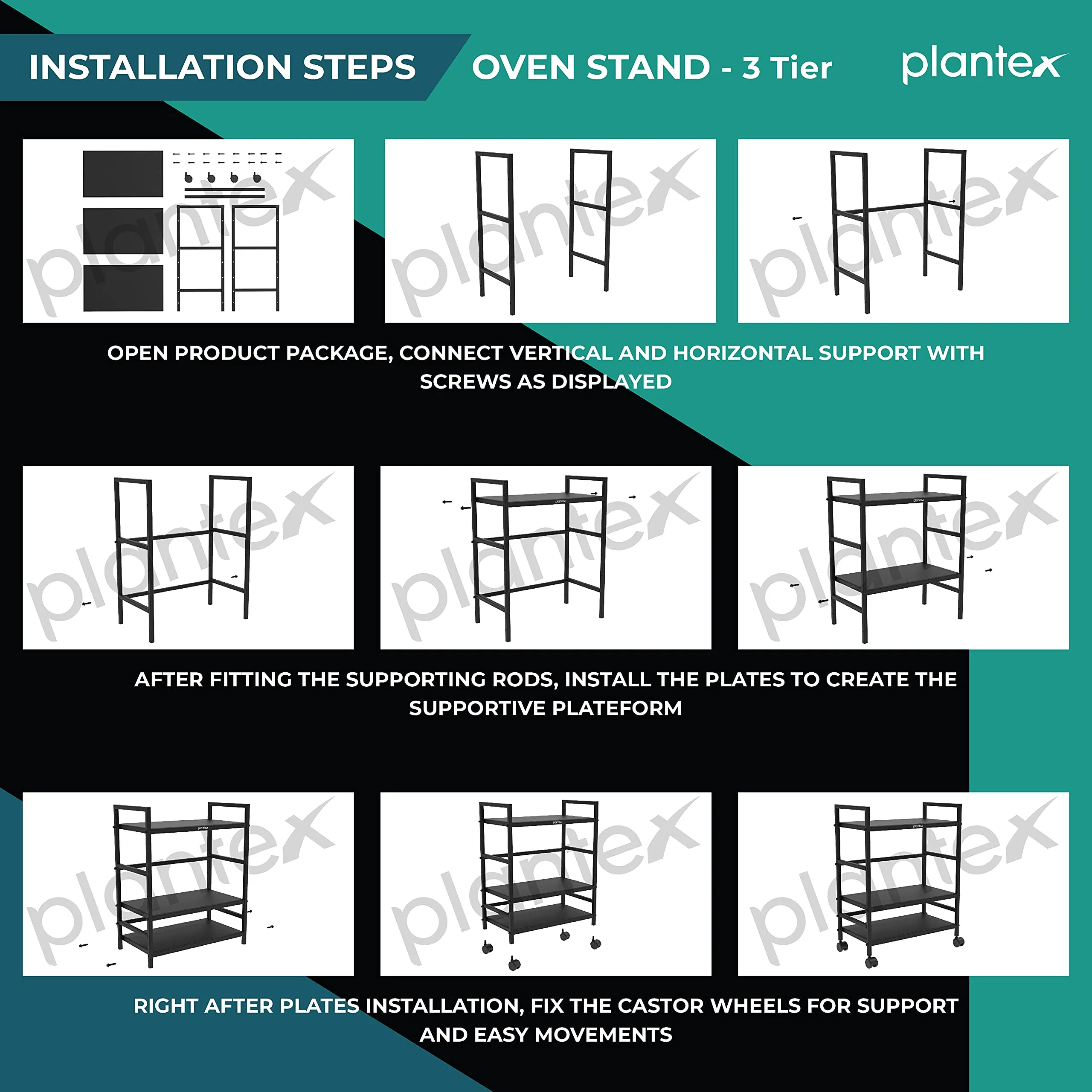 Plantex 3 Tier Premium Metal Rolling Trolley Cart Stand with Wheels/Oven Stand/Multifunctional Utility Stand with Storage Rack Shelves/Height Adjustable Shelf/Space Saving Stand for Home/Office(Black)