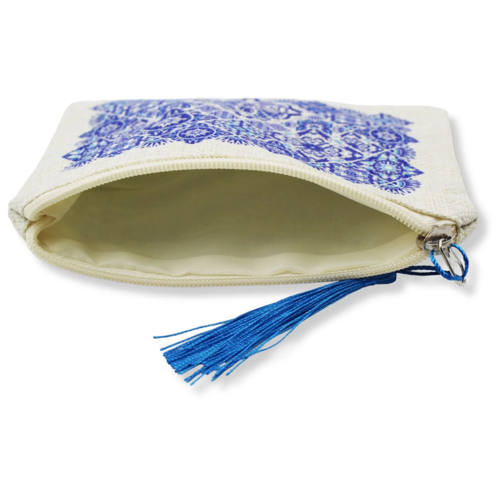 Portuguese Burlap Pouch with Blue Azulejo Tile Design and Blue Tassel