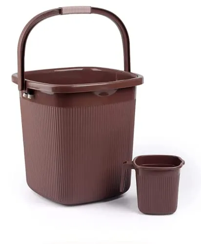 Regalo Square Ribbed Funk Bathroom Set (Bucket 25 L  Mug 1.5 L) (Dark Brown, Plastic)