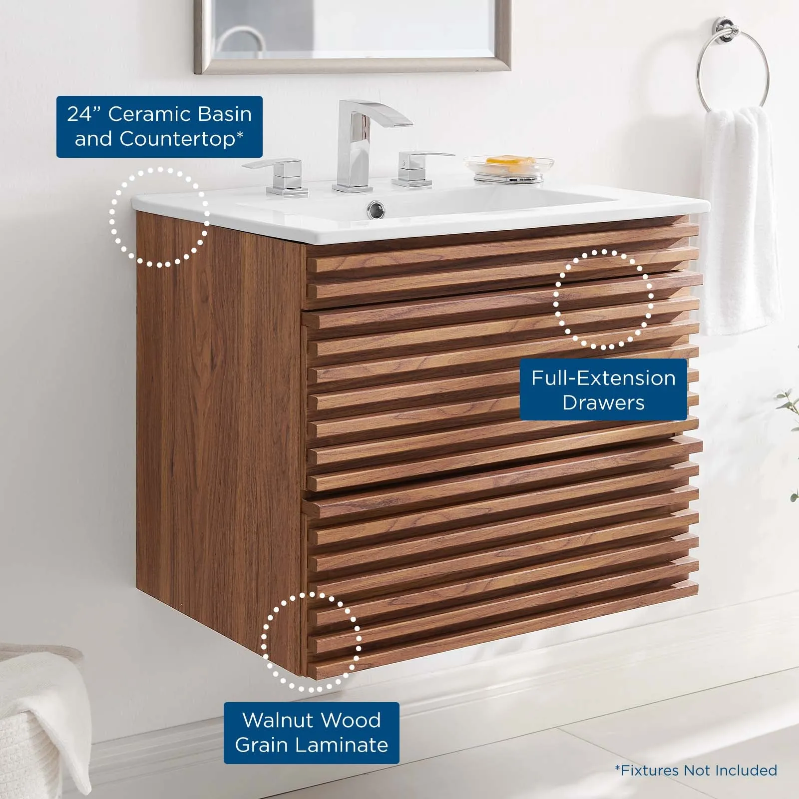 Render 24" Wall-Mount Bathroom Vanity Walnut White