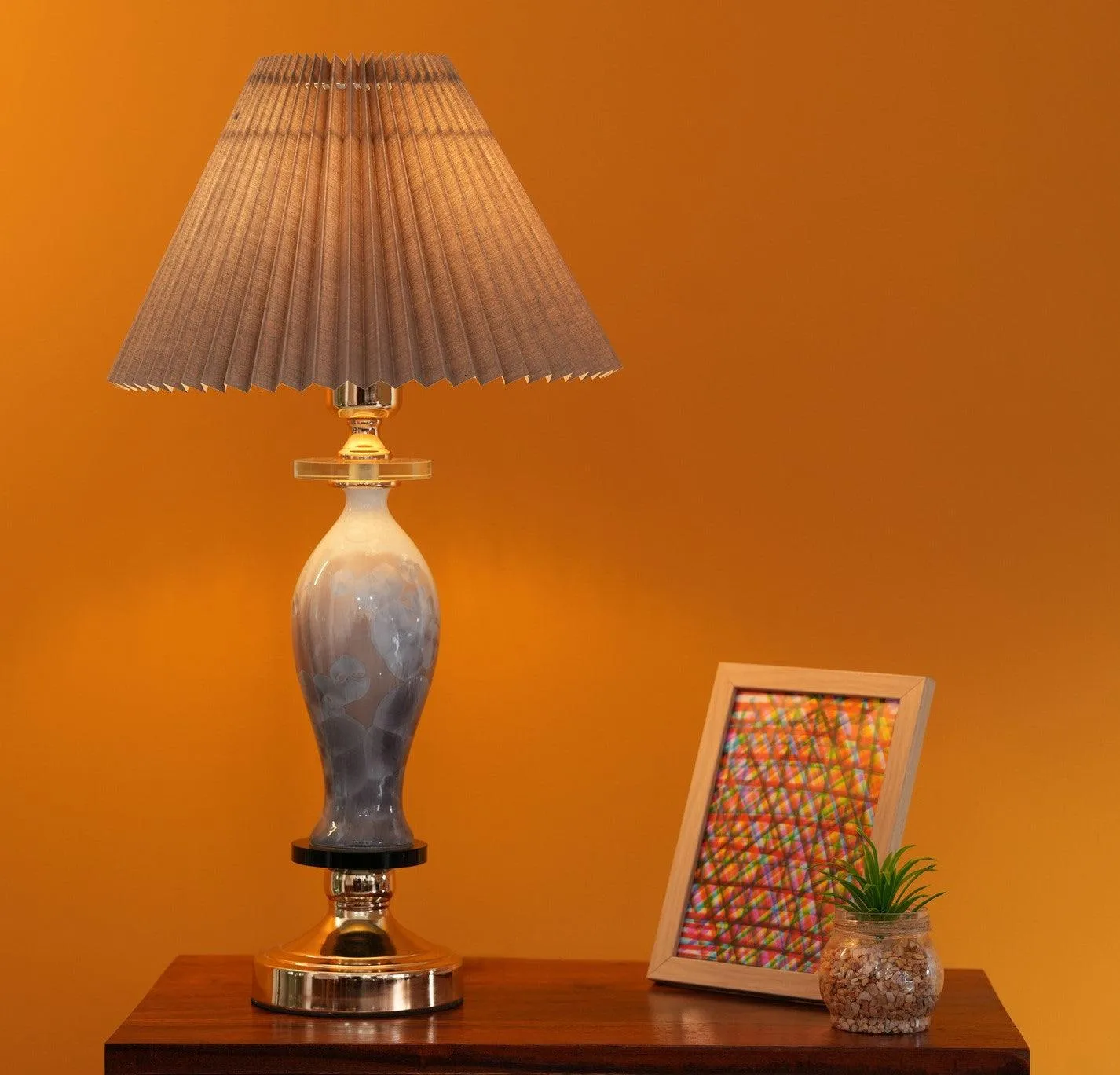 Shade Lamp with Glass Base and Gray Plated Shade| Elegant Vase Shaped with Shade