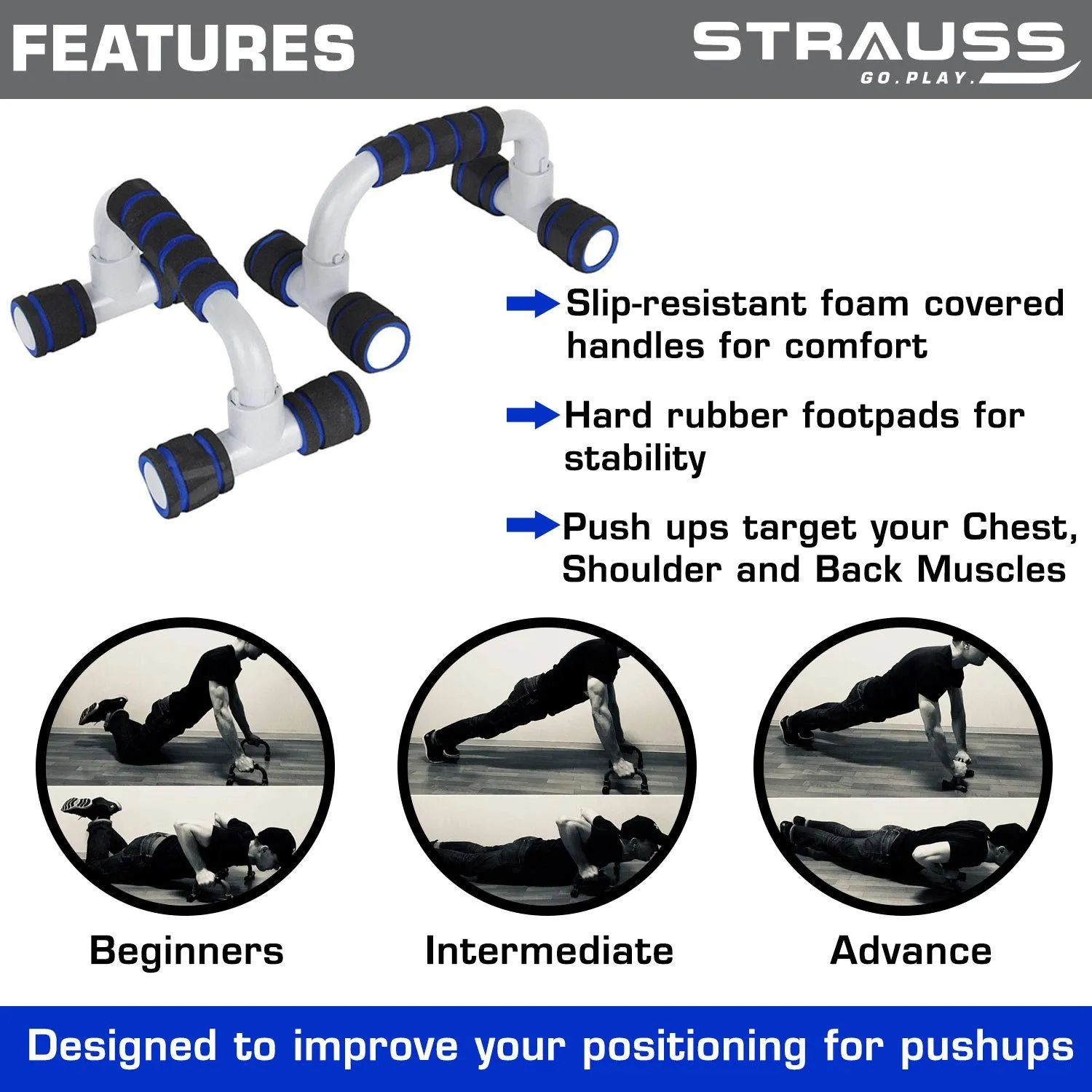 STRAUSS Heavy-Duty Plastic Adjustable Hand Grip Strengthener (Grey/Black) and Moto Push Up Bar, Pair (Black/Blue)